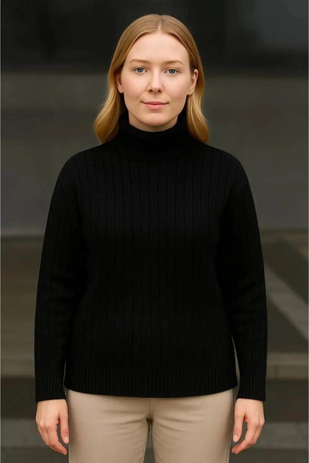 Balıkcı Yaka Bağazlı Triko Kazak Pamuklu Kalın Fitilli Dokuma - S