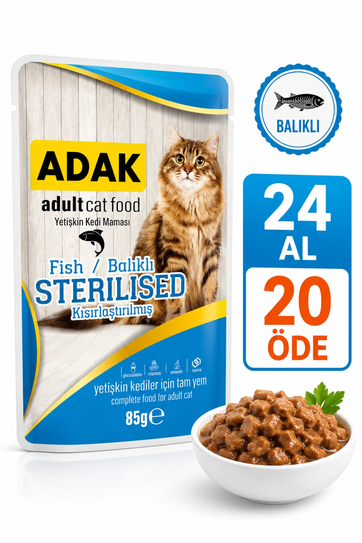 Balıklı Kısırlaştırılmış Yetişkin Kedi Yaş Maması Pouch 85 gr x 2 Balıklı Kısırlaştırılmış Yetişkin Kedi Yaş Maması Pouch 85 gr x 2