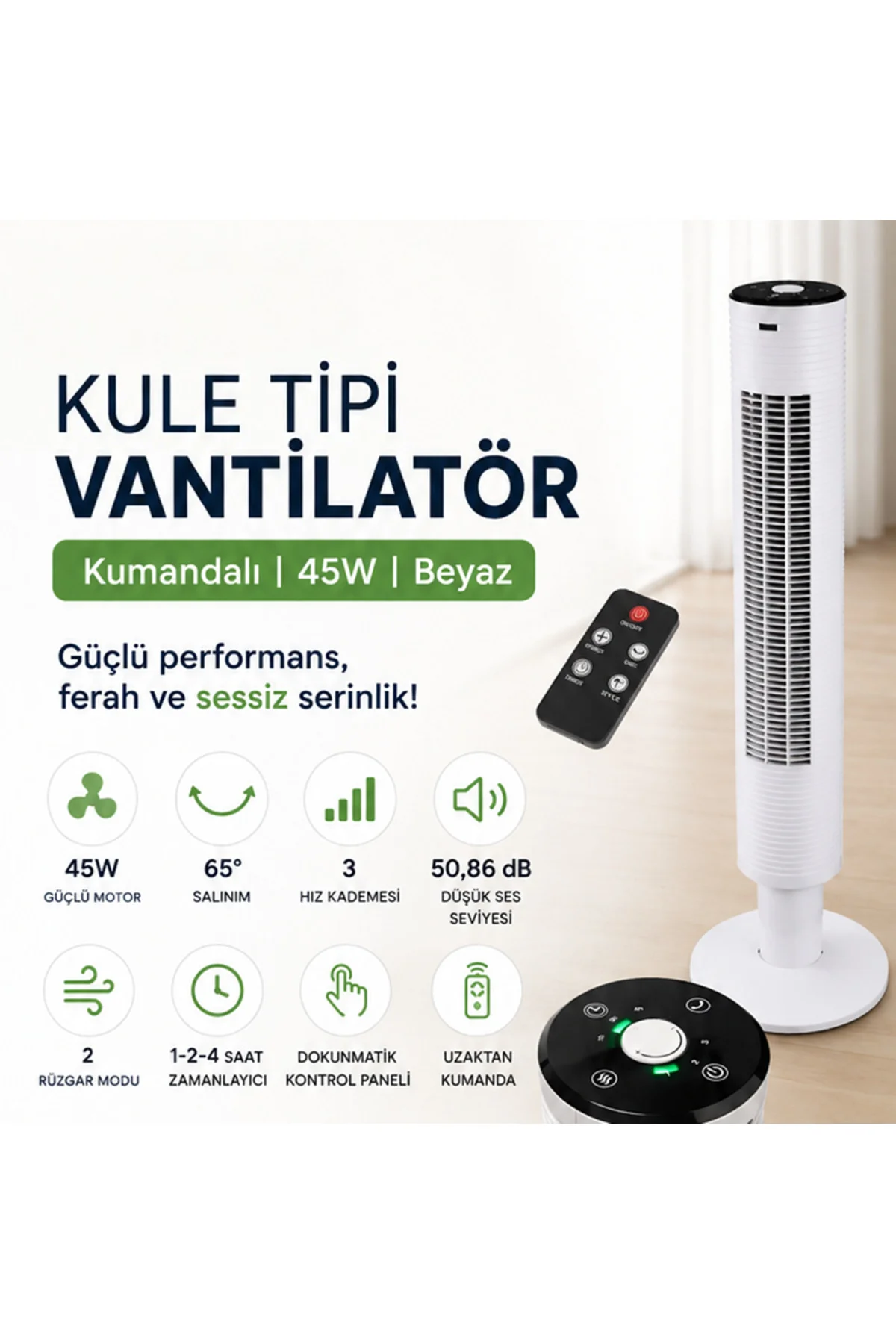 Balito Kule Tipi Kumandalı 45W Vantilatör Beyaz | 3 Kademeli Sessiz SOĞUTMA ÖZELLİKLİDİR