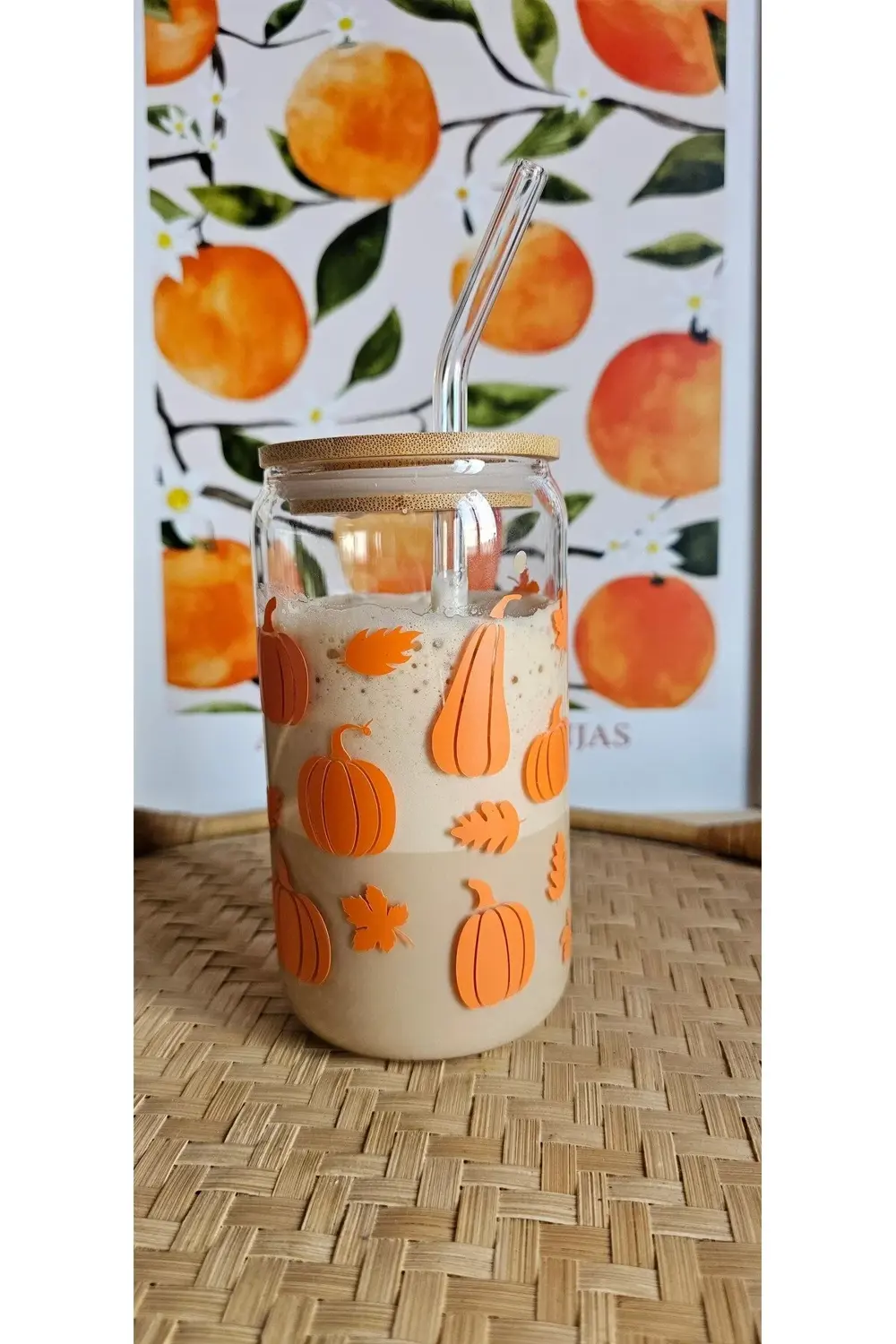 Balkabağı Temalı Cam Pipetli Bambu Kapaklı 475 ml Bardak