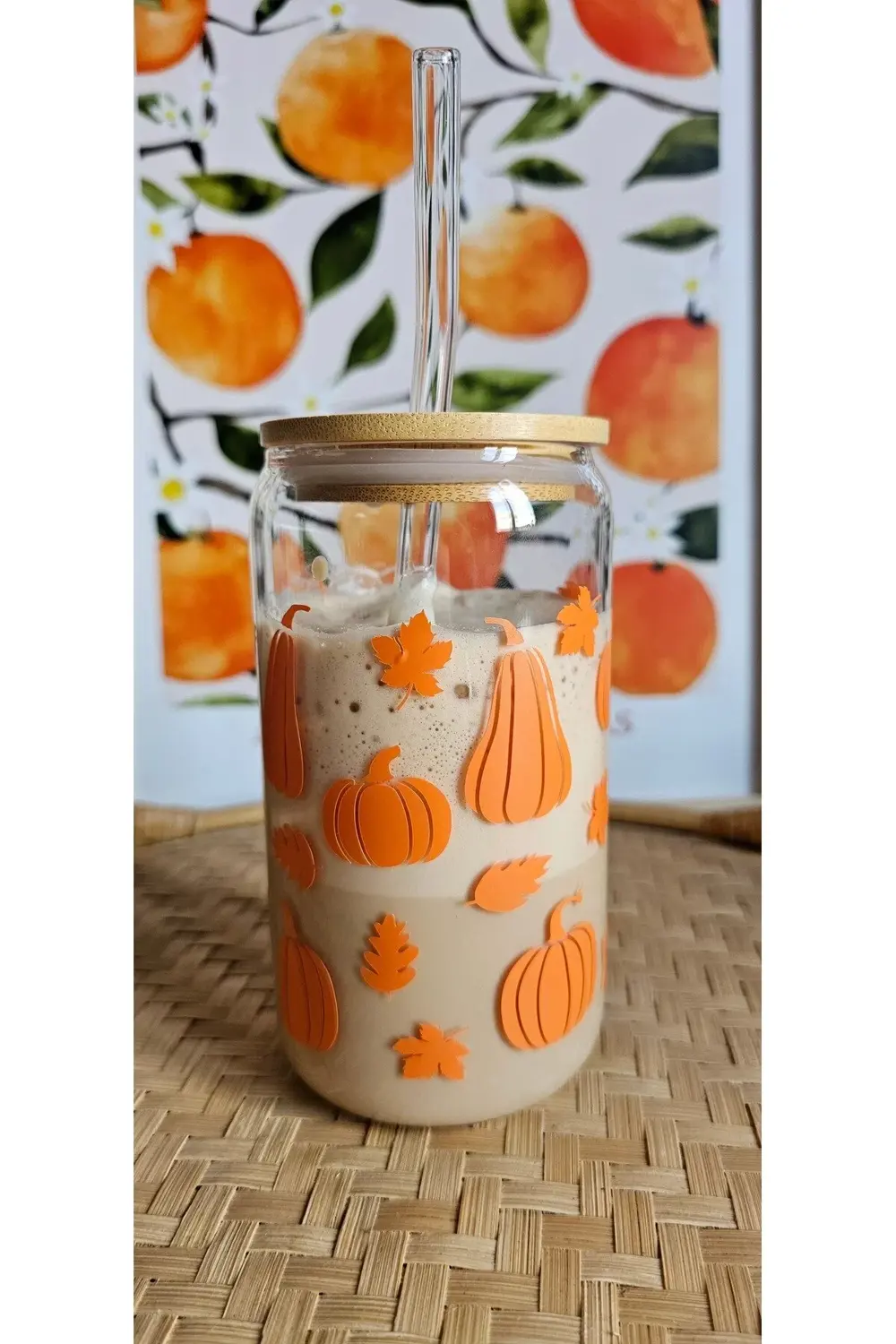 Balkabağı Temalı Cam Pipetli Bambu Kapaklı 475 ml Bardak