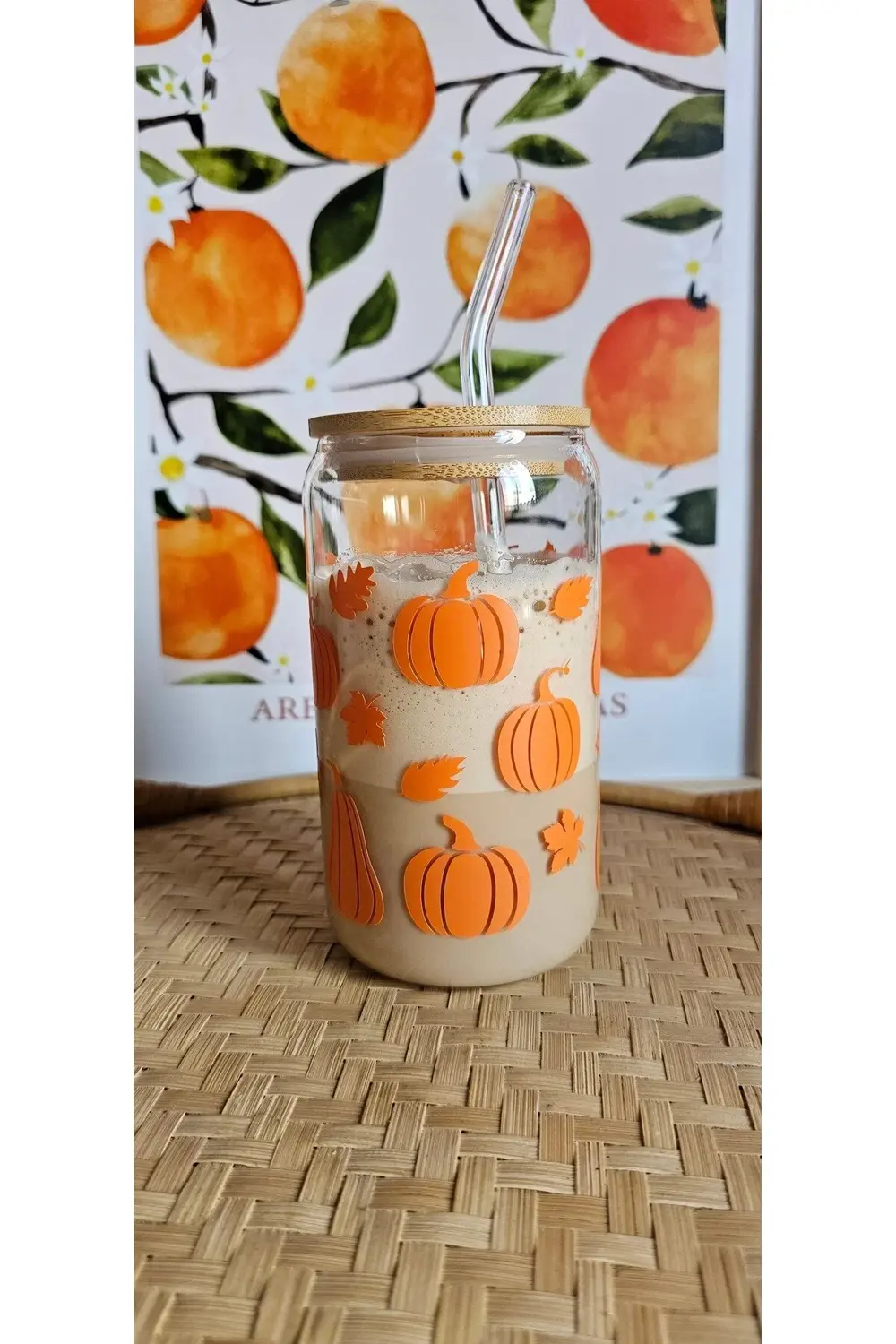 Balkabağı Temalı Cam Pipetli Bambu Kapaklı 475 ml Bardak