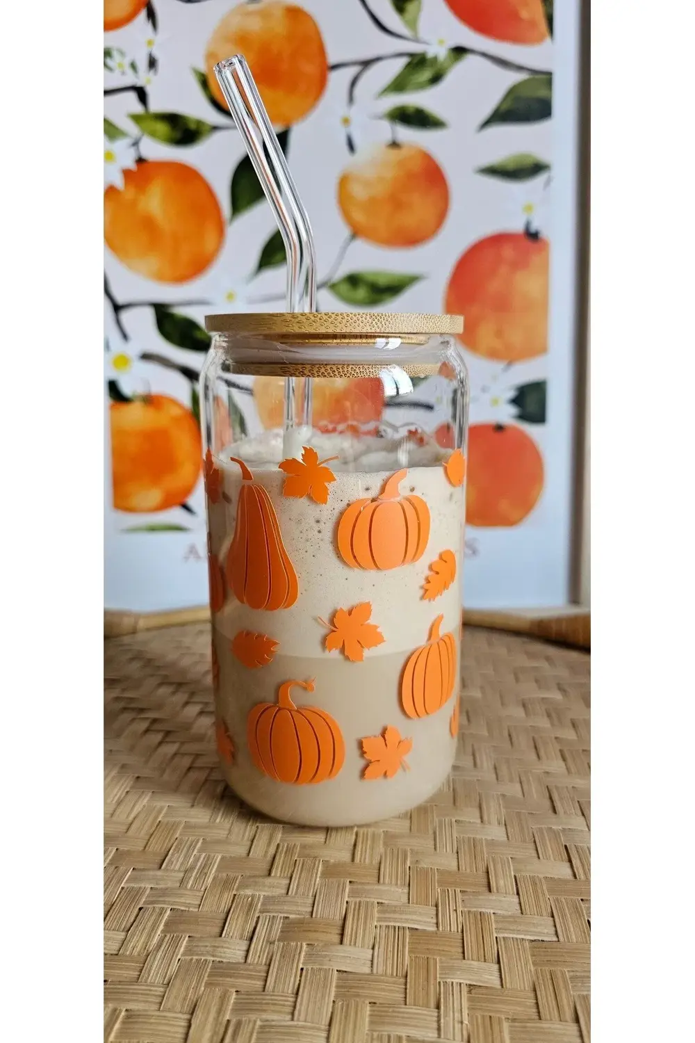 Balkabağı Temalı Cam Pipetli Bambu Kapaklı 475 ml Bardak