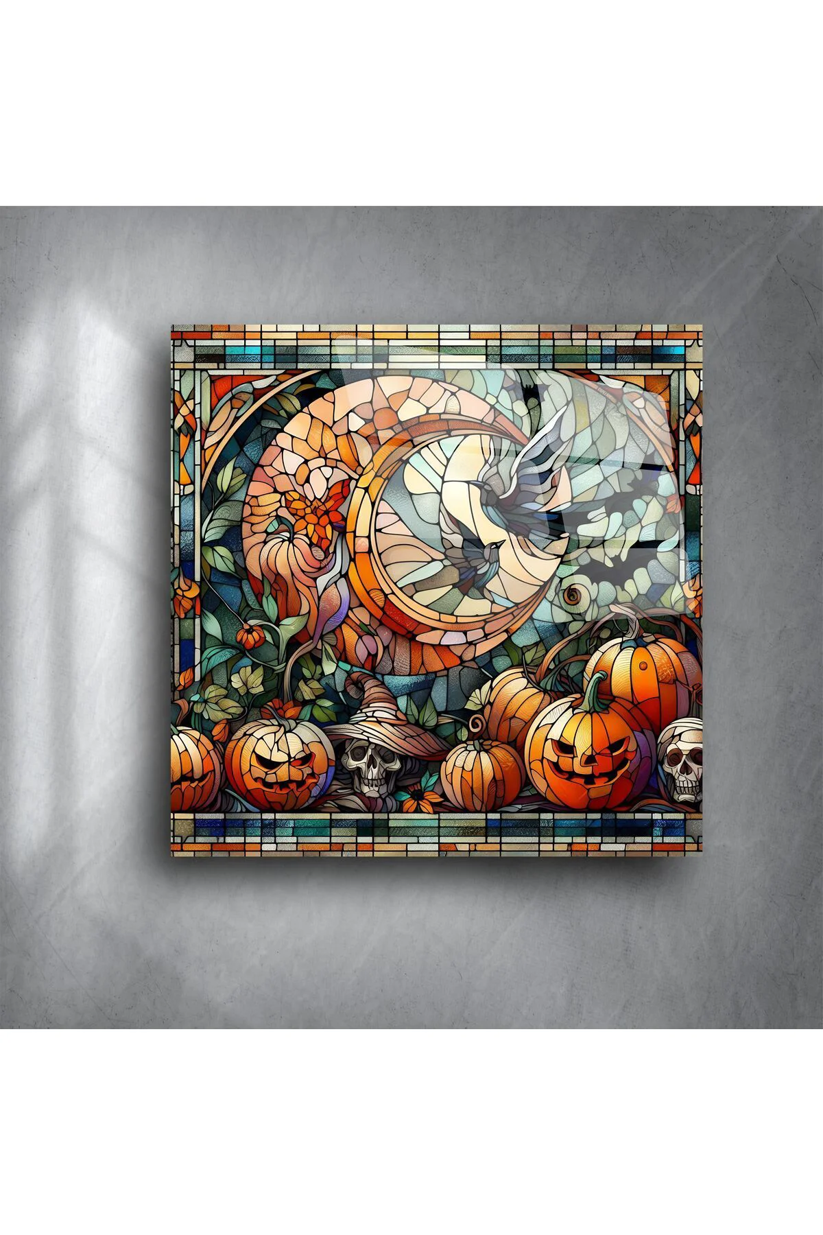 Balkabağı ve Hilal Ay Temalı Halloween Vitray Duvar Paneli Balkabağı ve Hilal Ay Temalı Halloween Vitray Duvar Paneli