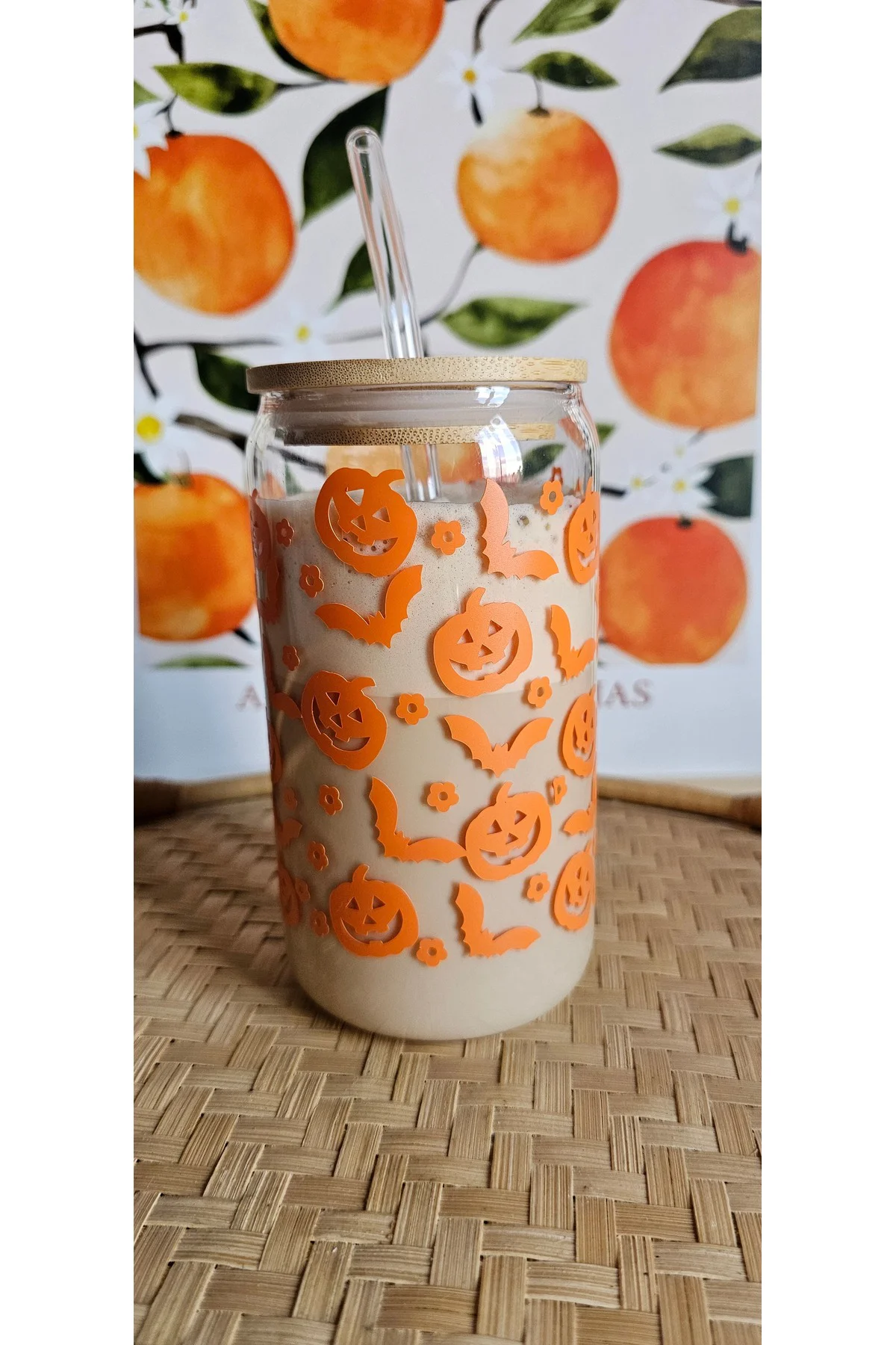 Balkabağı ve Yarasa Desenli Cam Pipetli Bambu Kapaklı 475 ml Bard