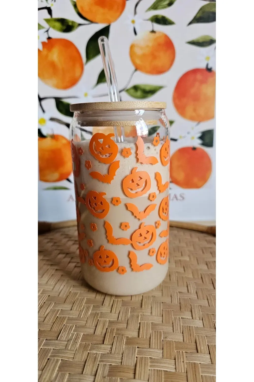 Balkabağı ve Yarasa Desenli Cam Pipetli Bambu Kapaklı 475 ml Bard