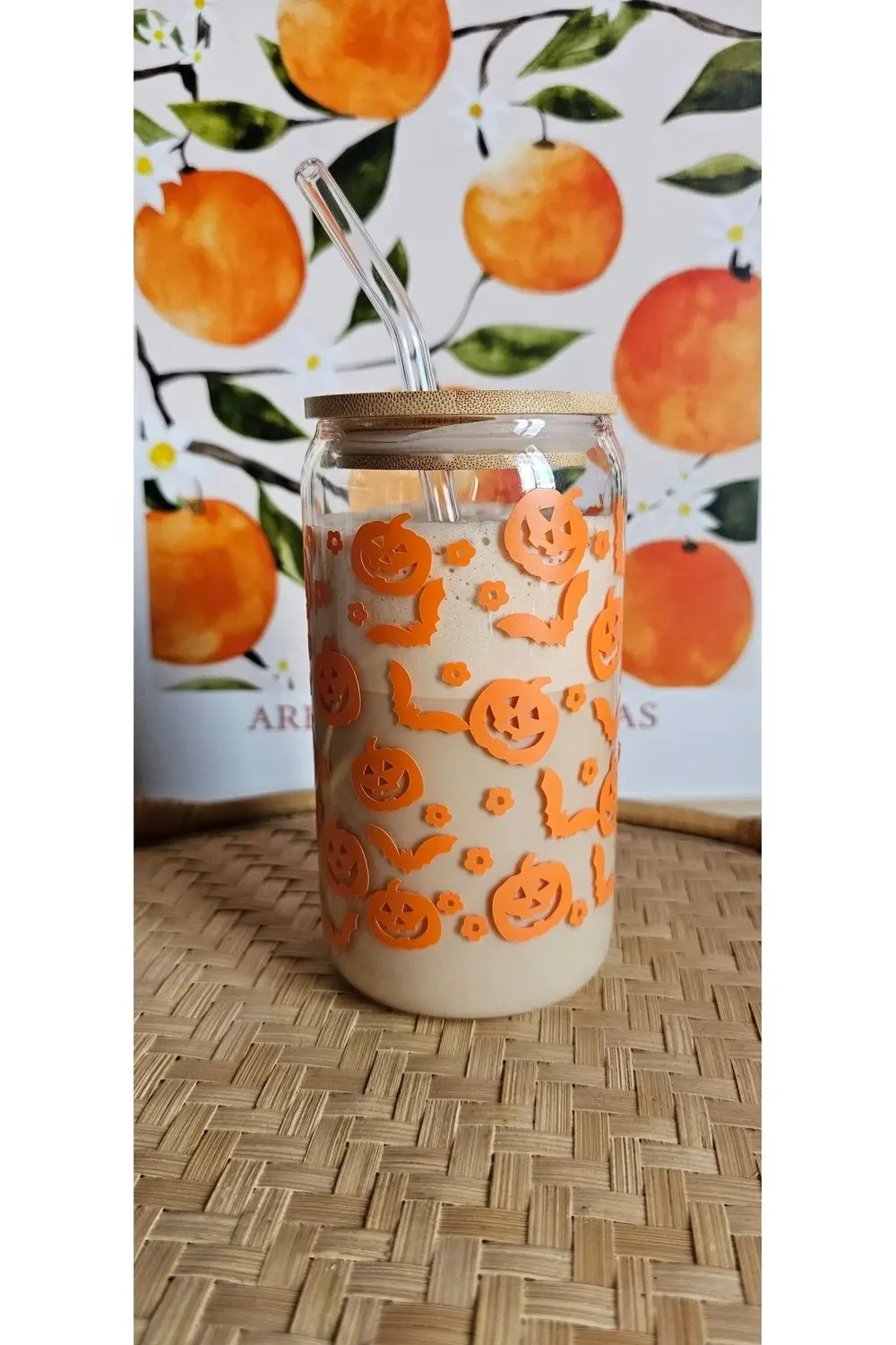 Balkabağı ve Yarasa Desenli Cam Pipetli Bambu Kapaklı 475 ml Bard