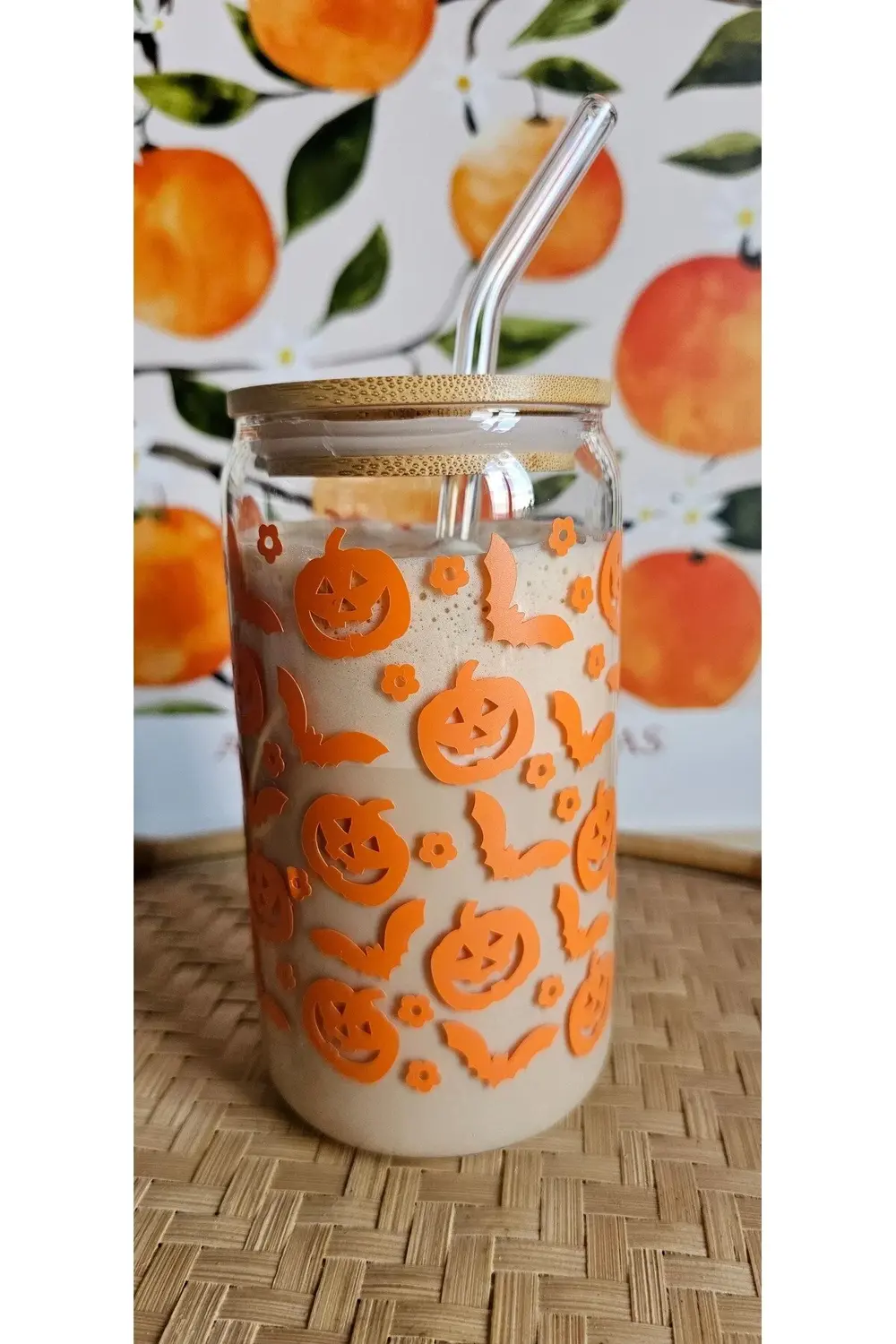 Balkabağı ve Yarasa Desenli Cam Pipetli Bambu Kapaklı 475 ml Bard