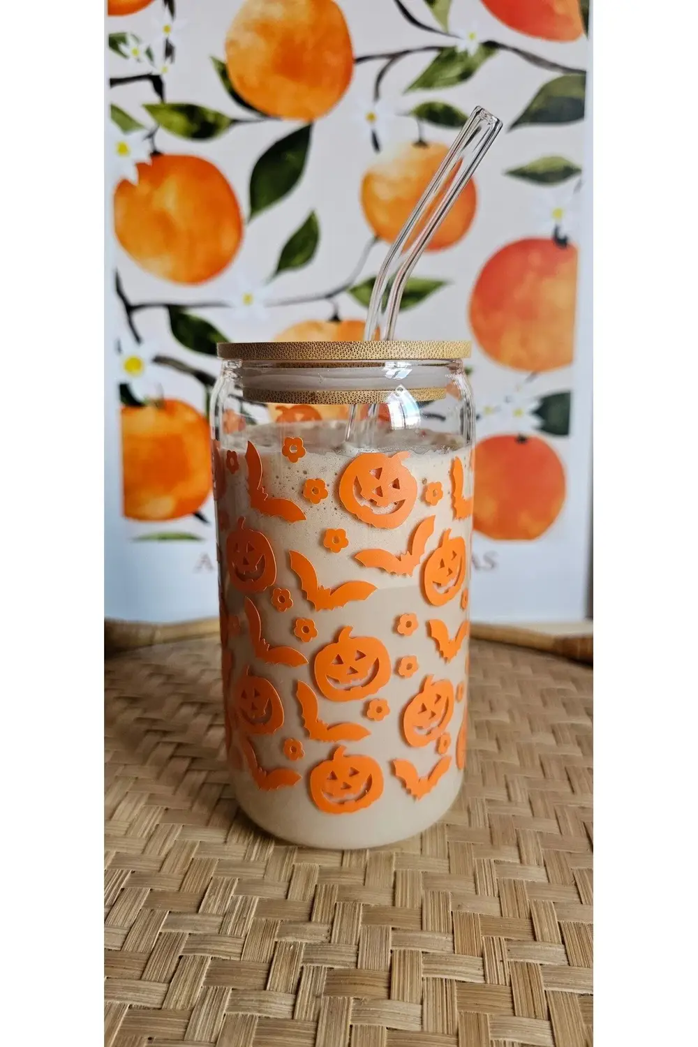 Balkabağı ve Yarasa Desenli Cam Pipetli Bambu Kapaklı 475 ml Bard