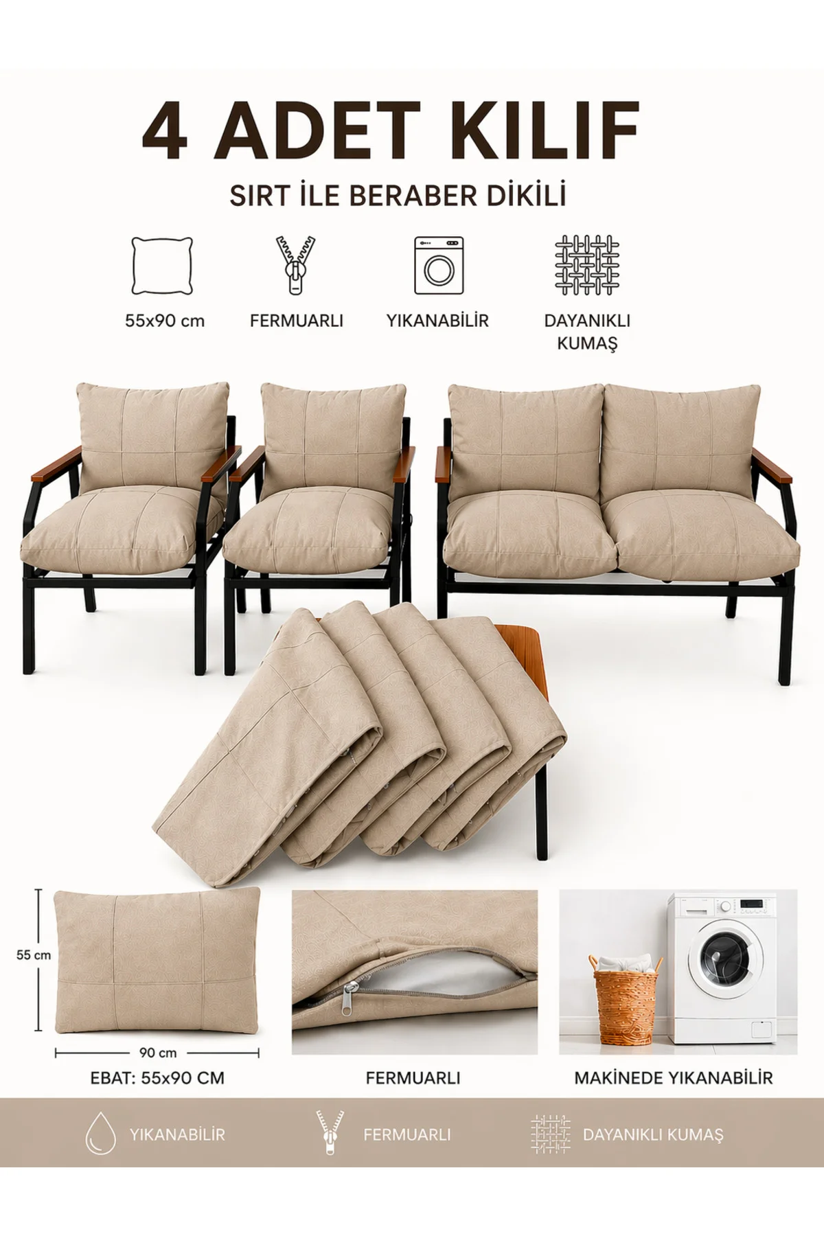 Balkon Bahçe Takımı Minder Kılıfı 4’lü Set Bej 55x90 cm Fermuarlı Balkon Bahçe Takımı Minder Kılıfı 4’lü Set Bej 55x90 cm Fermuarlı