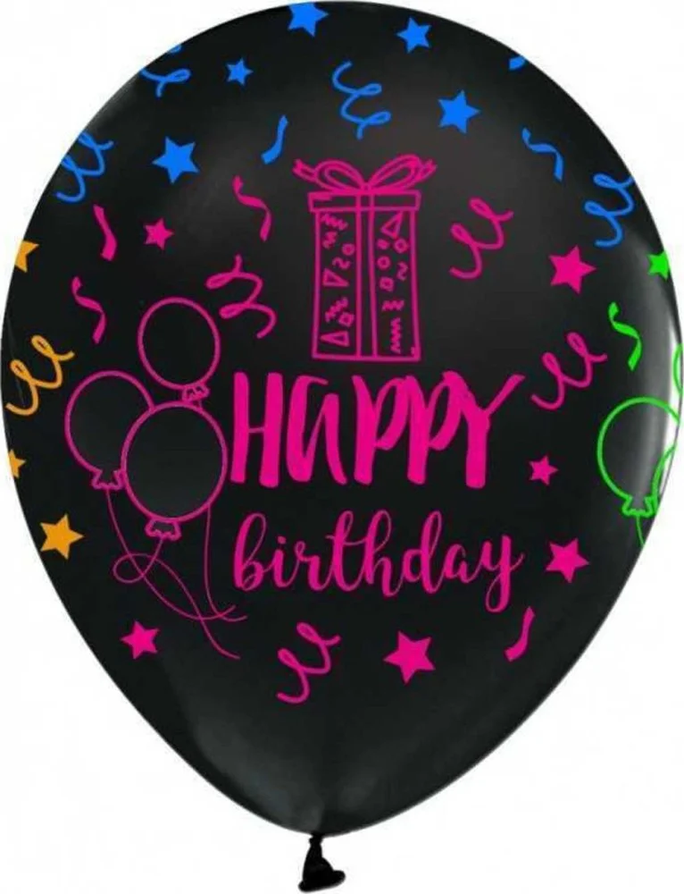 Balonevi Çepeçevre Floresan Happy Bırthday Siyah Balon 100 Lü