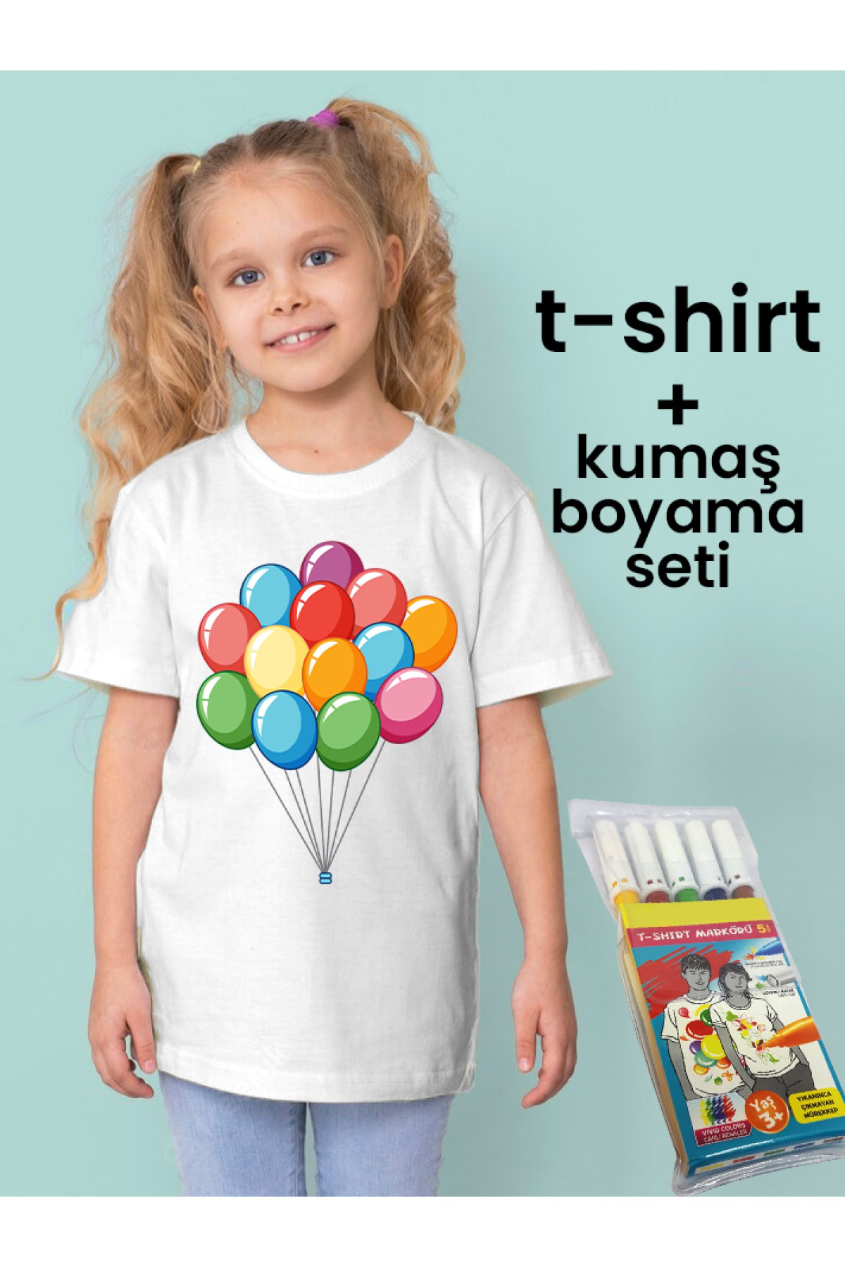 Balonlar Desenli Çocuklar Için Tişört Boyama Seti Full Set