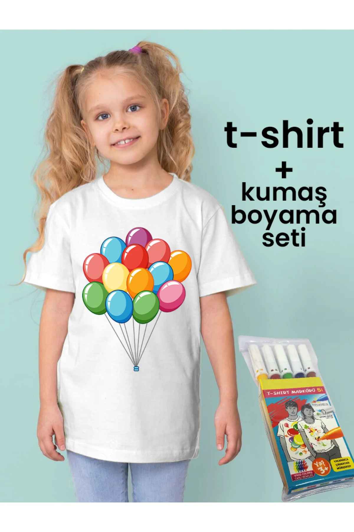 Balonlar Desenli Çocuklar Için Tişört Boyama Seti Full Set - Görsel 2