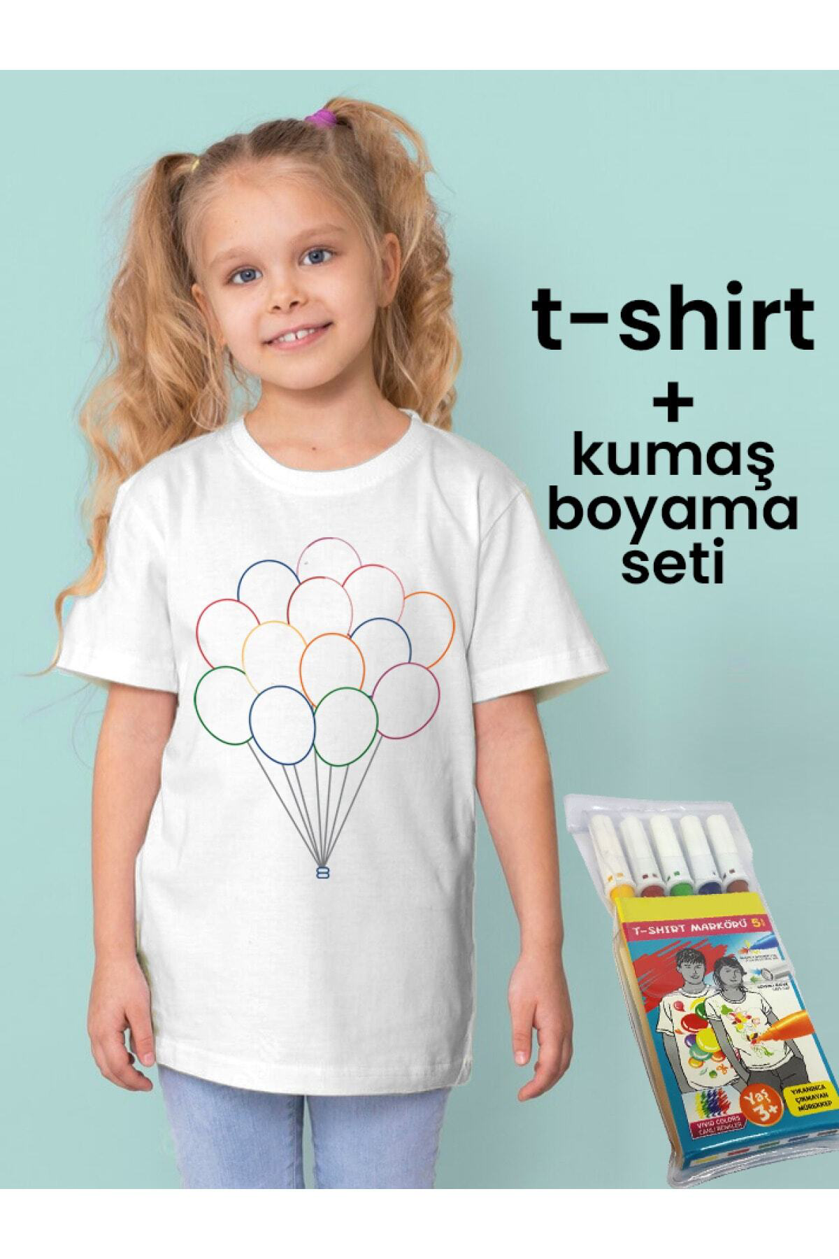 Balonlar Desenli Çocuklar Için Tişört Boyama Seti Full Set
