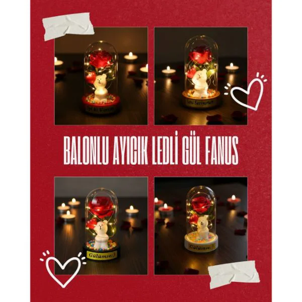 Balonlu Ayıcık Ledli Gül Fanus Dekoratif Masa Lambası
