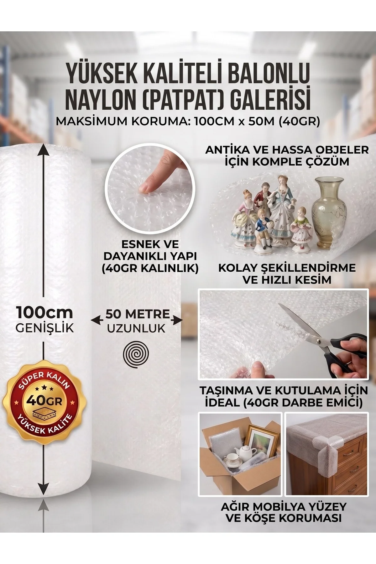 Balonlu Naylon Patpat 98-100 cm x 50 m – 40 gr Ambalaj Rulosu