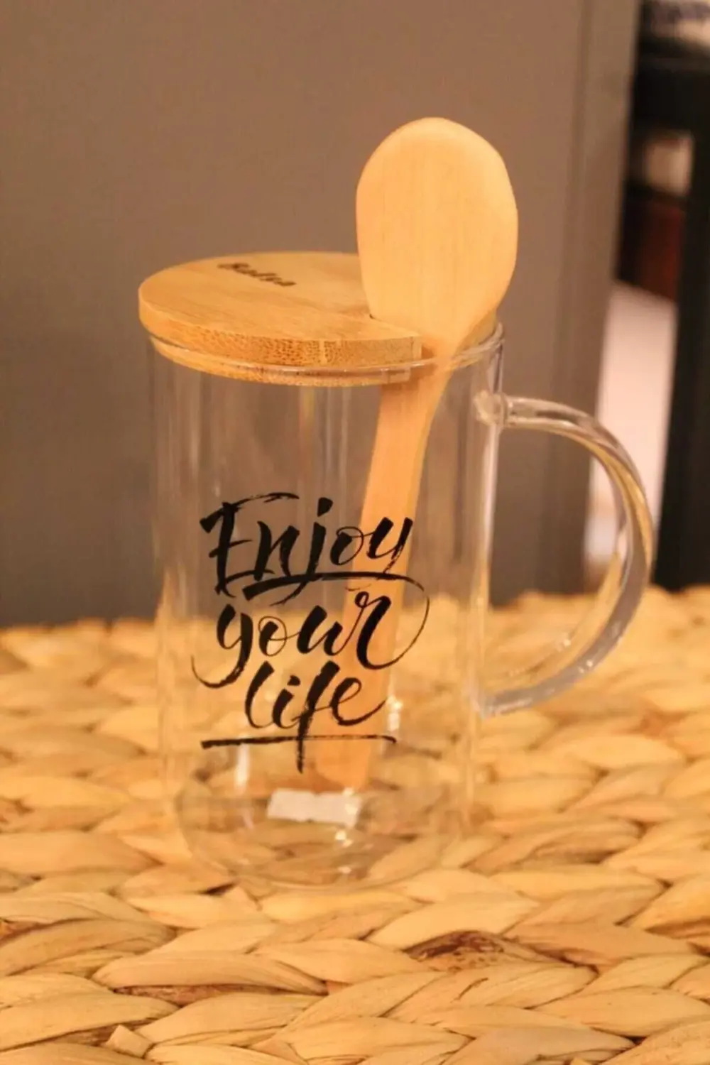 Balsa Bambu Kapaklı Kaşıklı Cam Kupa