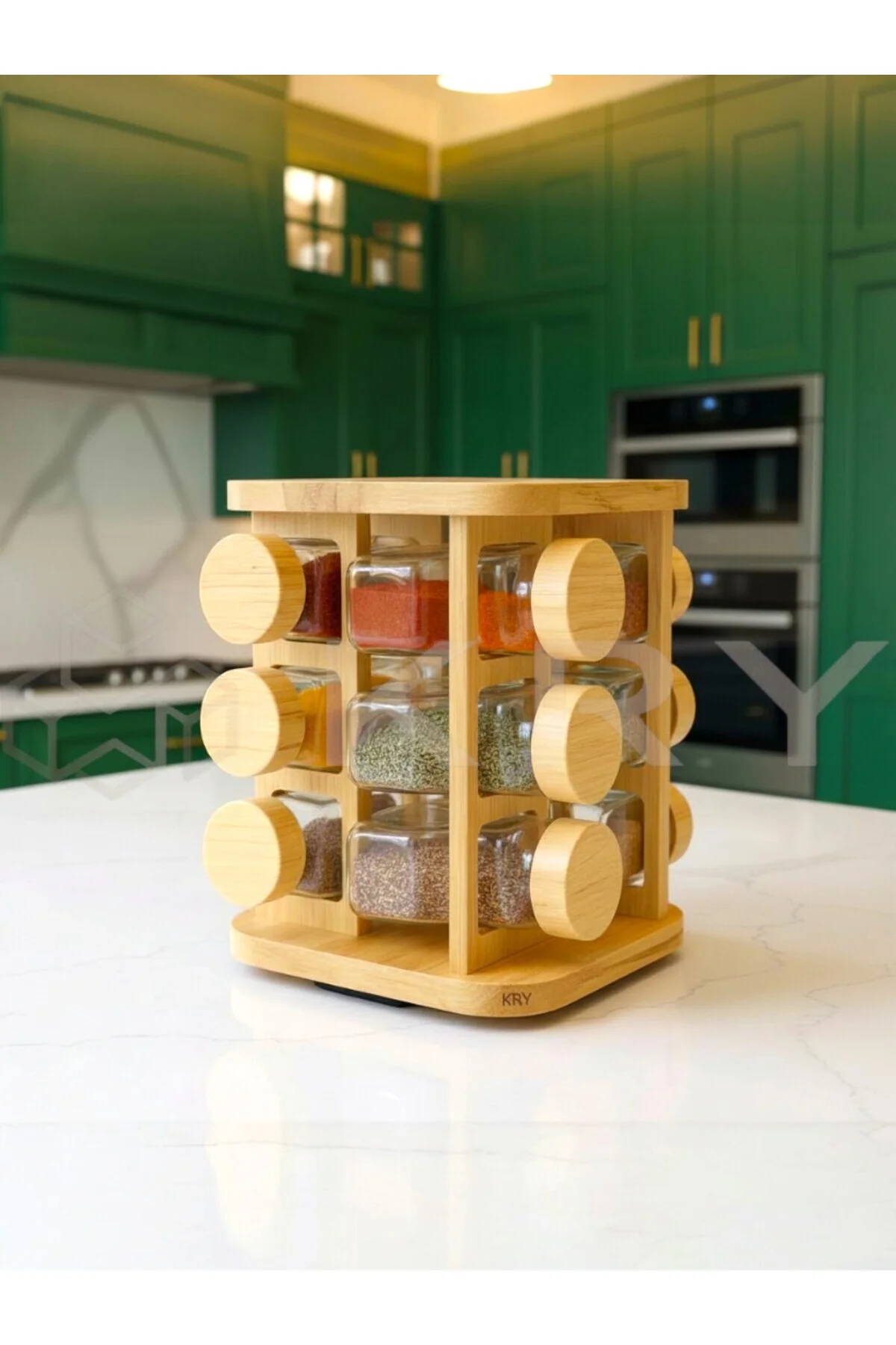 Bambu 12’li Döner Baharatlık Standı – Dönen Baharat Organizer, Tezgah Üstü Şık Mutfak Düzenleyici