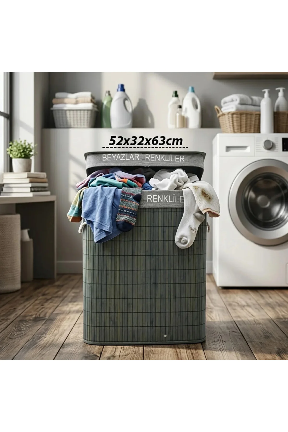 Bambu 2 Bölmeli Çamaşır Sepeti (Dikdörtgen) 52x32x63 cm - Gri Bambu 2 Bölmeli Çamaşır Sepeti (Dikdörtgen) 52x32x63 cm - Gri