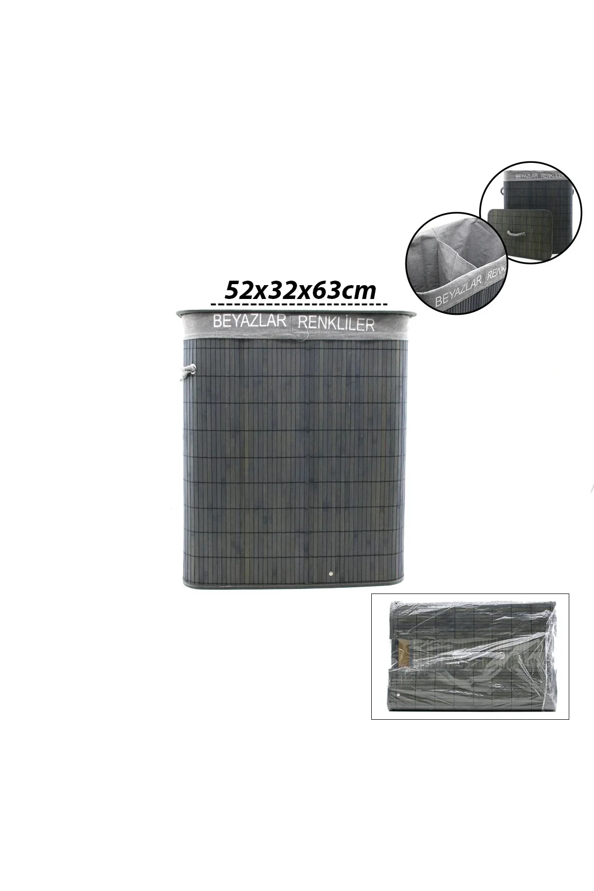 Bambu 2 Bölmeli Çamaşır Sepeti (Dikdörtgen) 52x32x63 cm - Gri Bambu 2 Bölmeli Çamaşır Sepeti (Dikdörtgen) 52x32x63 cm - Gri