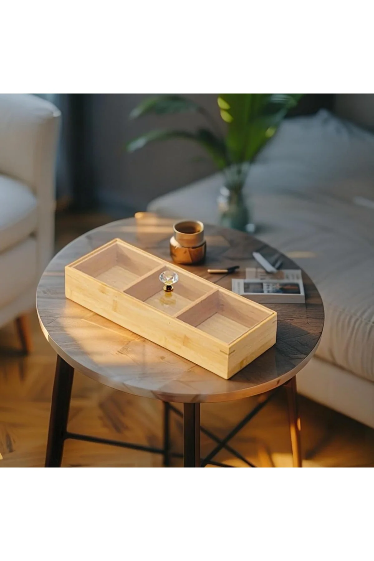 Bambu 3 Bölmeli Kristal Kapaklı Sunumluk, Kuru Meyve, Kuru Yemiş 