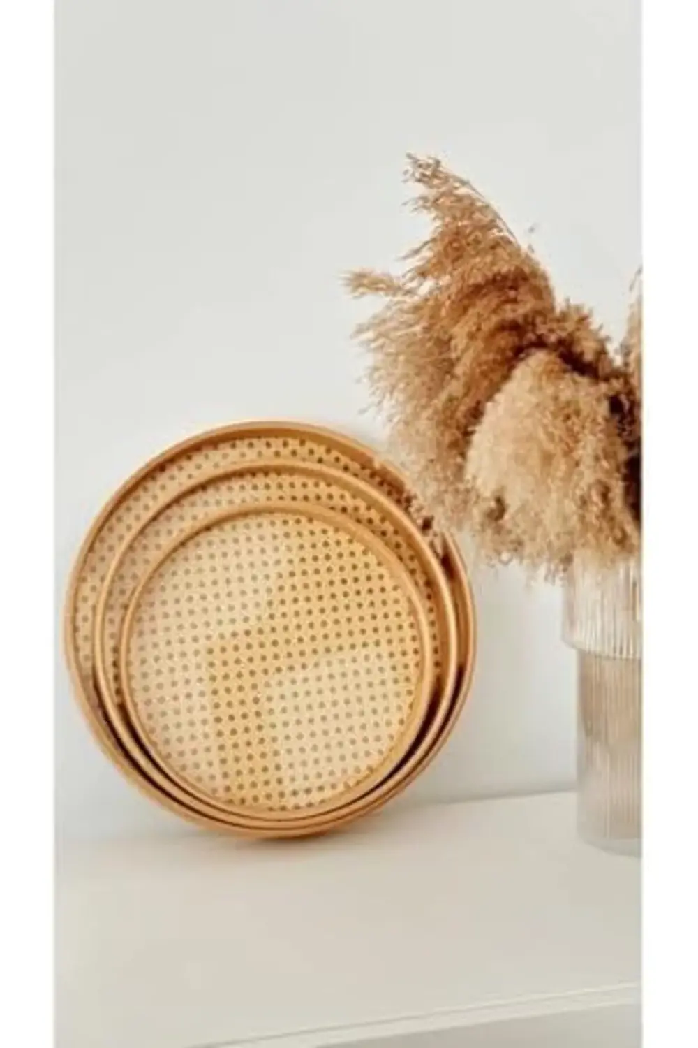 Bambu 3'lü Yuvarlak Servis Tepsisi Seti – 30-35-40 cm Hasır Örgü