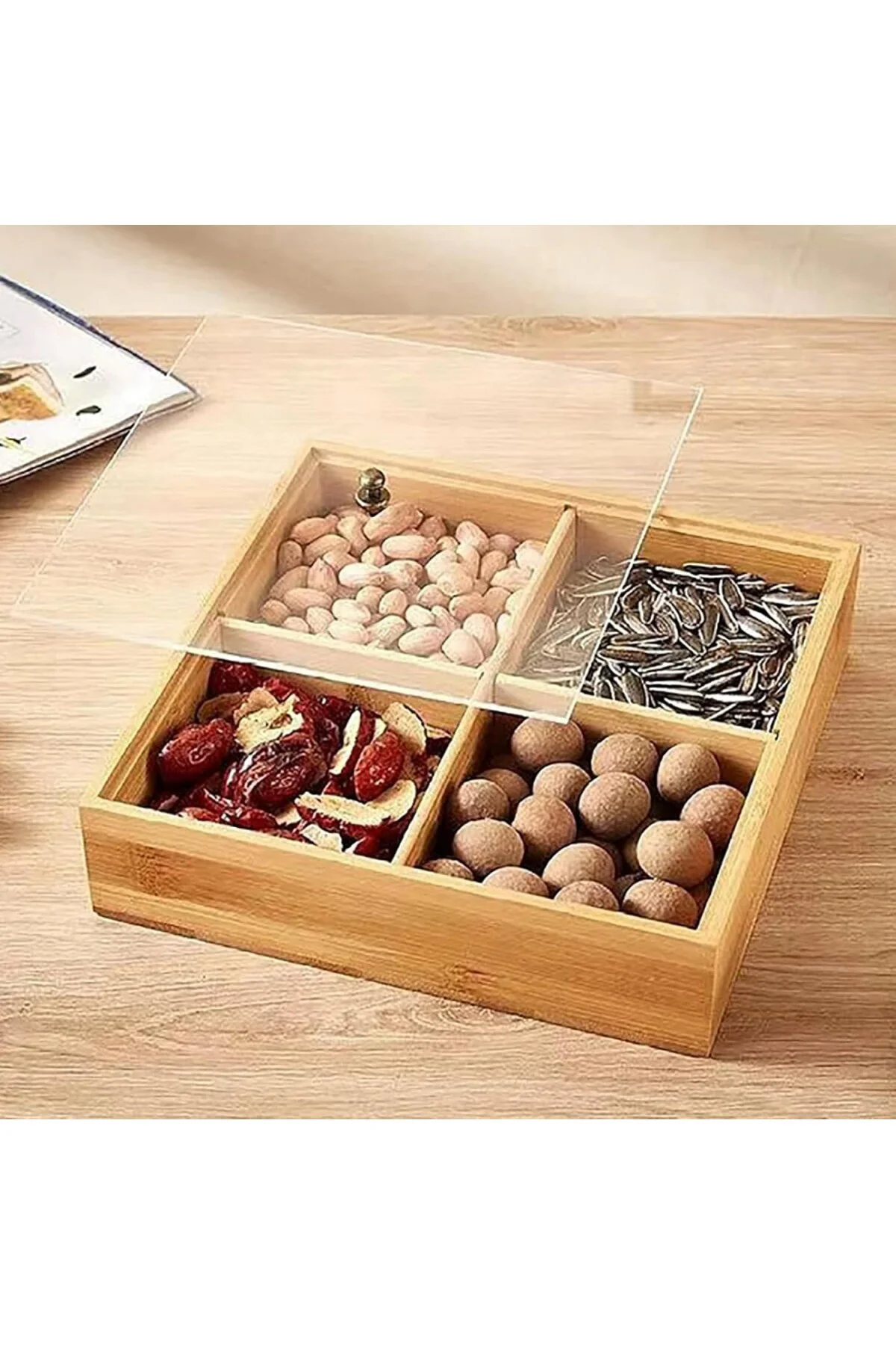 Bambu 4'lü Kapaklı Çerezlik, Kahvaltılık, Mika Kapak, Ahşap Bölme