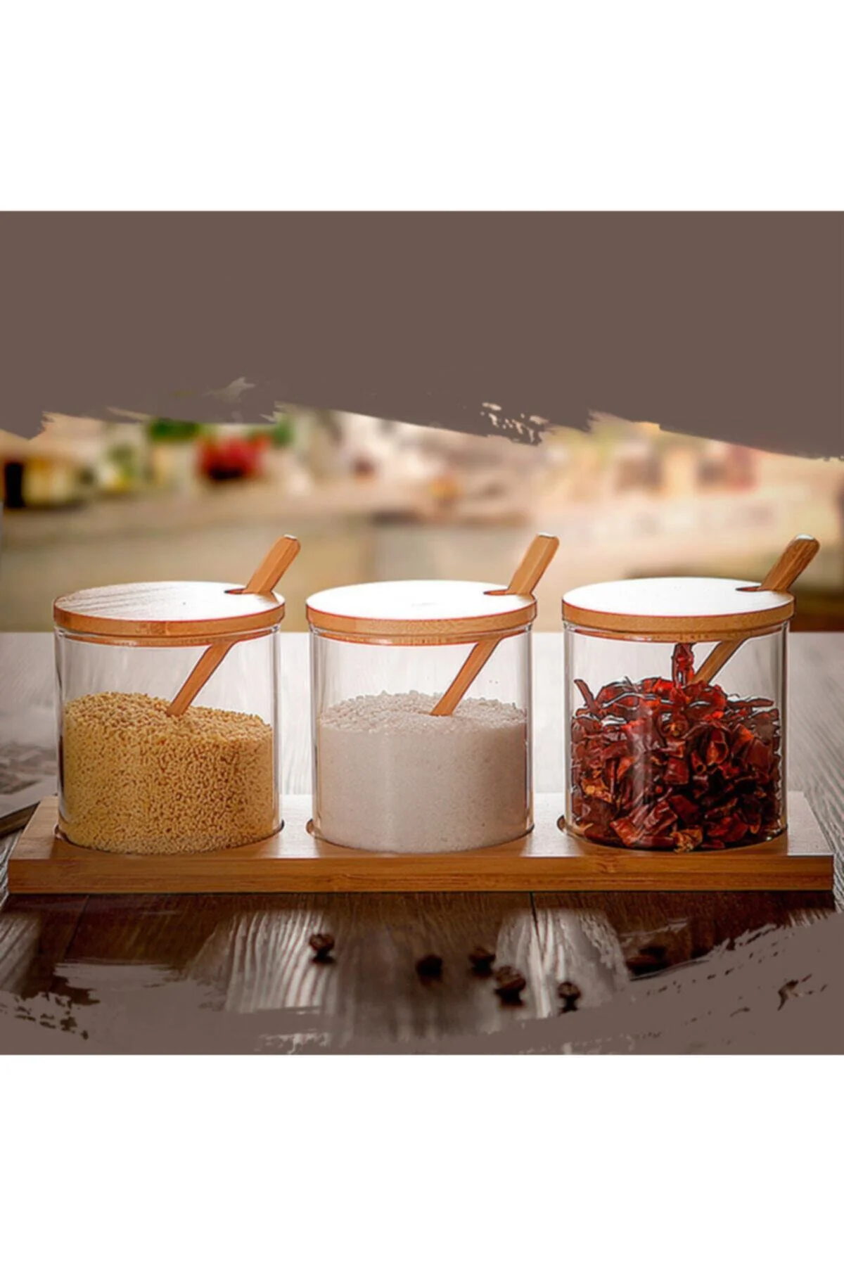Bambu Altlıklı Kaşıklı Lüx Cam Baharalık Seti