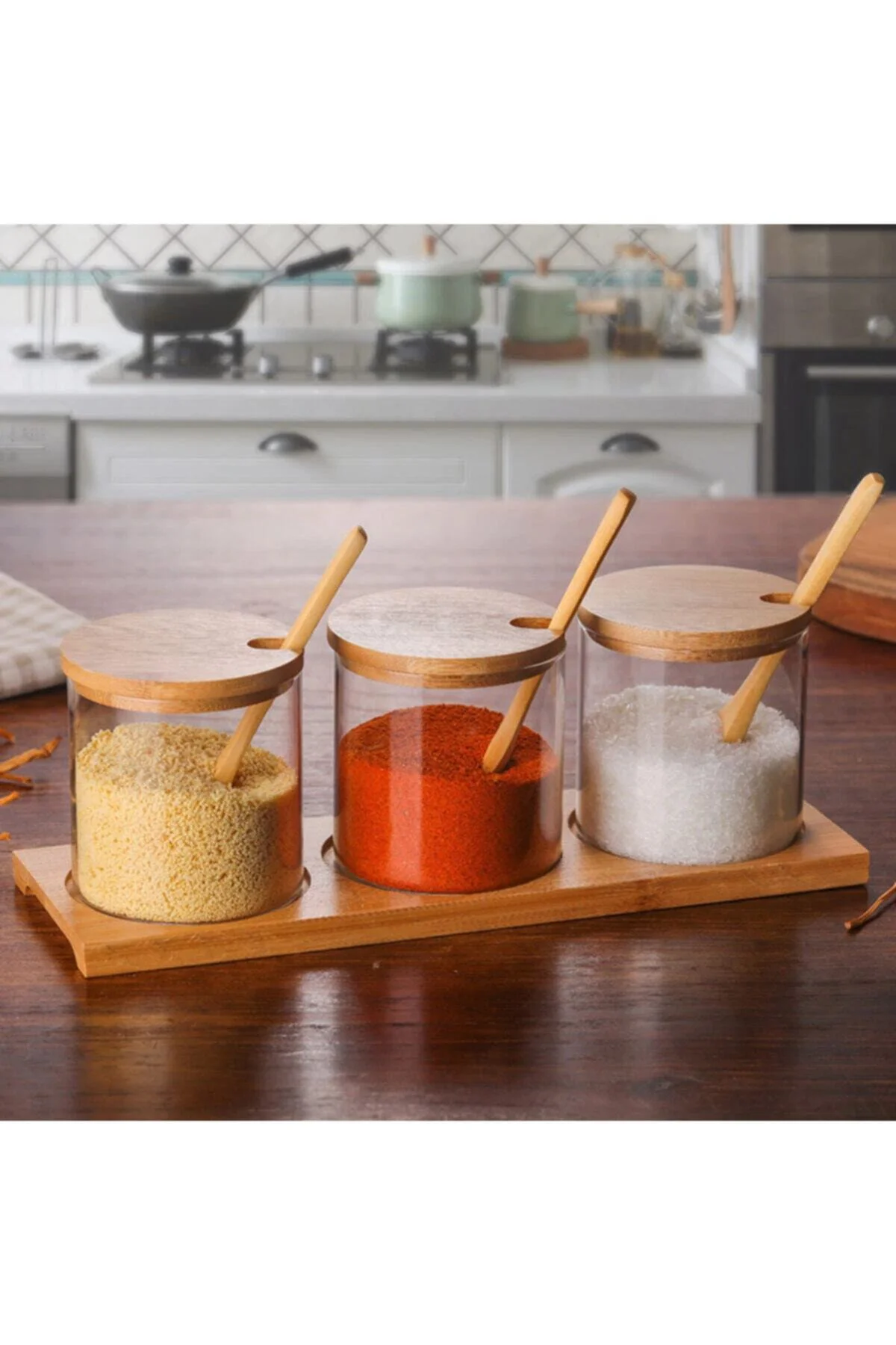 Bambu Altlıklı Kaşıklı Lüx Cam Baharalık Seti