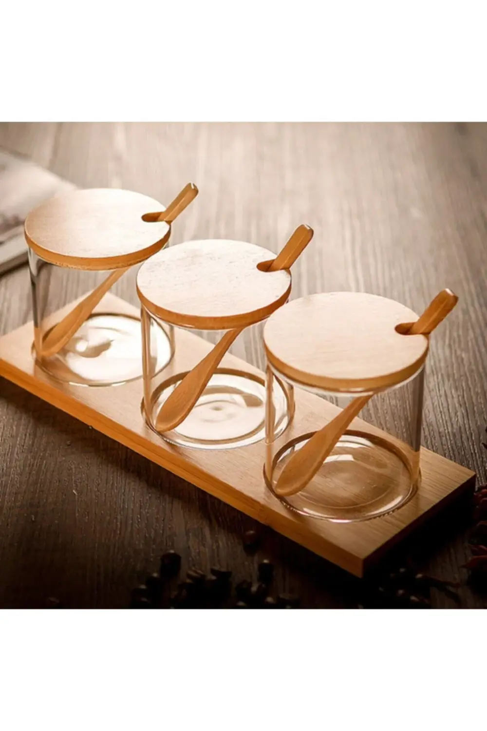 Bambu Altlıklı Kaşıklı Lüx Cam Baharalık Seti