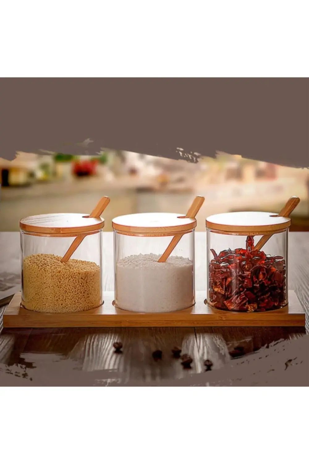 Bambu Altlıklı Kaşıklı Lüx Cam Baharalık Seti