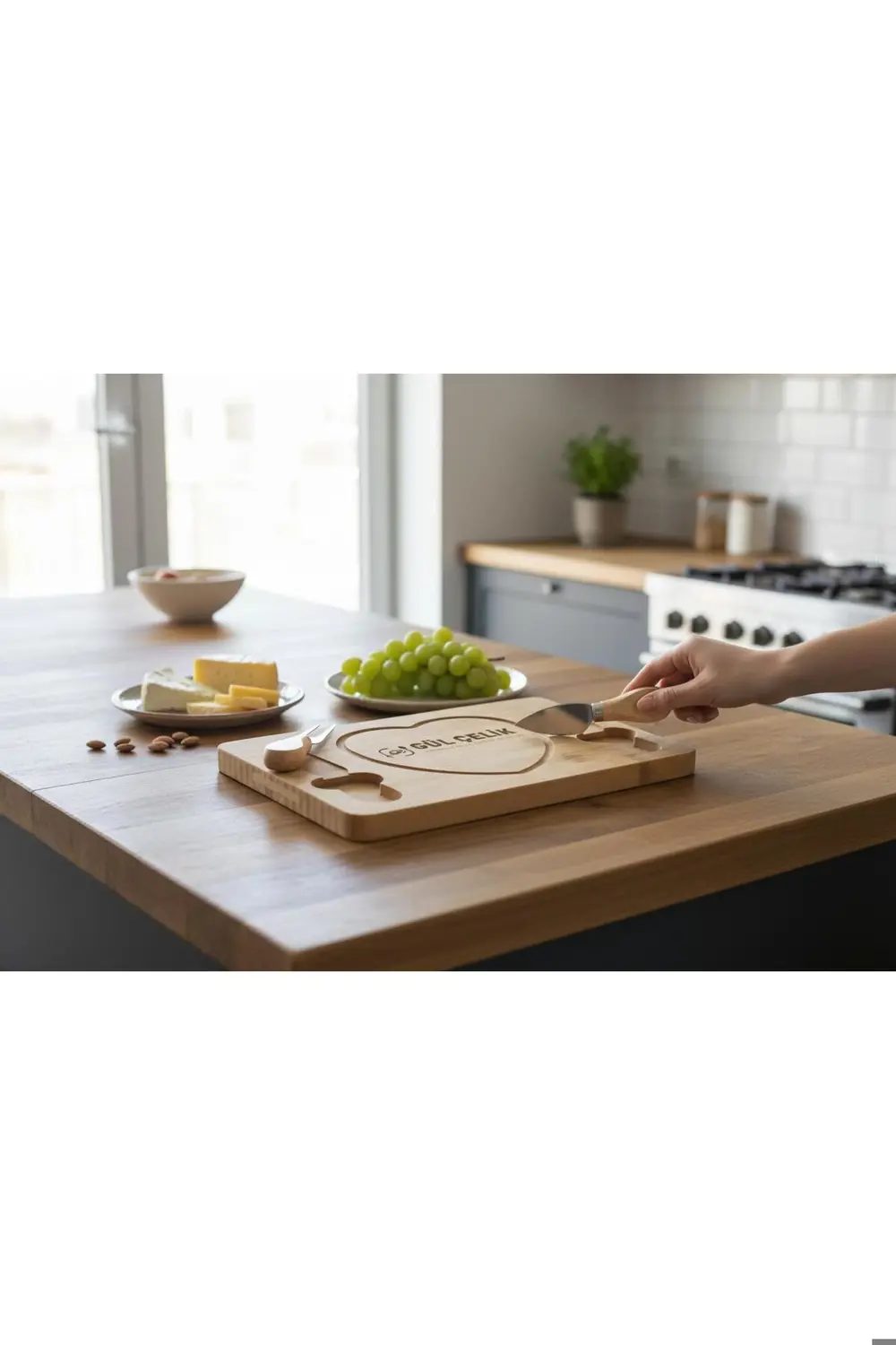 Bambu Bıçaklı Peynir Sunum Seti Kalp Figürlü Romantik Sunumluk Pe