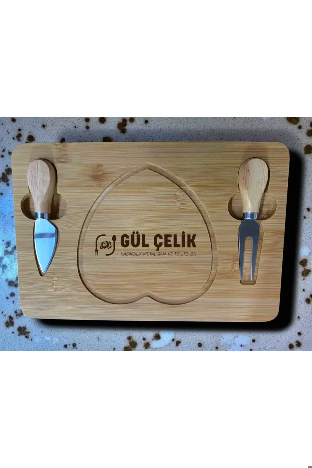 Bambu Bıçaklı Peynir Sunum Seti Kalp Figürlü Romantik Sunumluk Pe