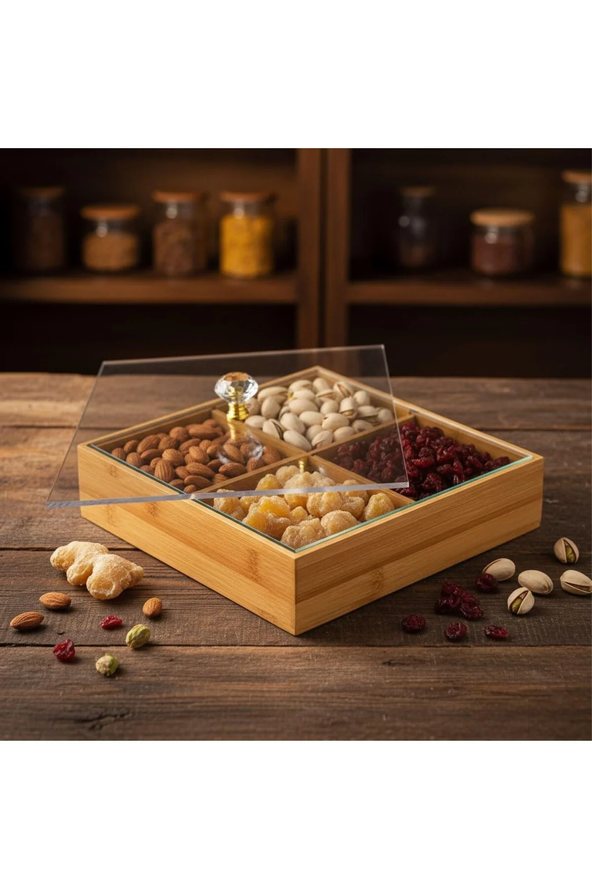 Bambu Bölmeli Kristal Kapaklı Sunumluk, Kuru Meyve, Kuru Yemiş ve