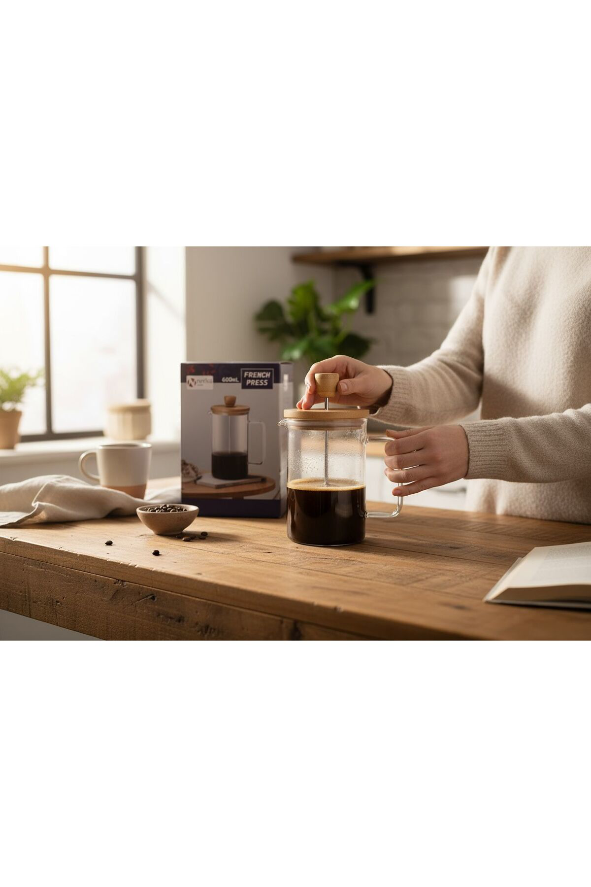 Kaveh Bambu Cam French Press 600 Ml Borosilikat İsıya Dayanıklı