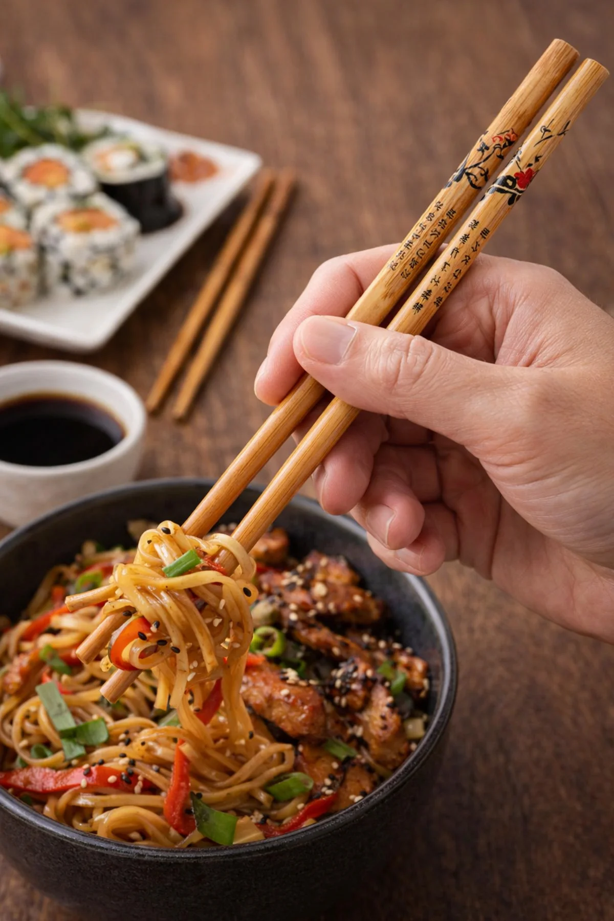 Bambu Chopstick 5 Çift Ahşap Desenli Çin Çubuğu Yıkanabilir Ve Kullanılabilir