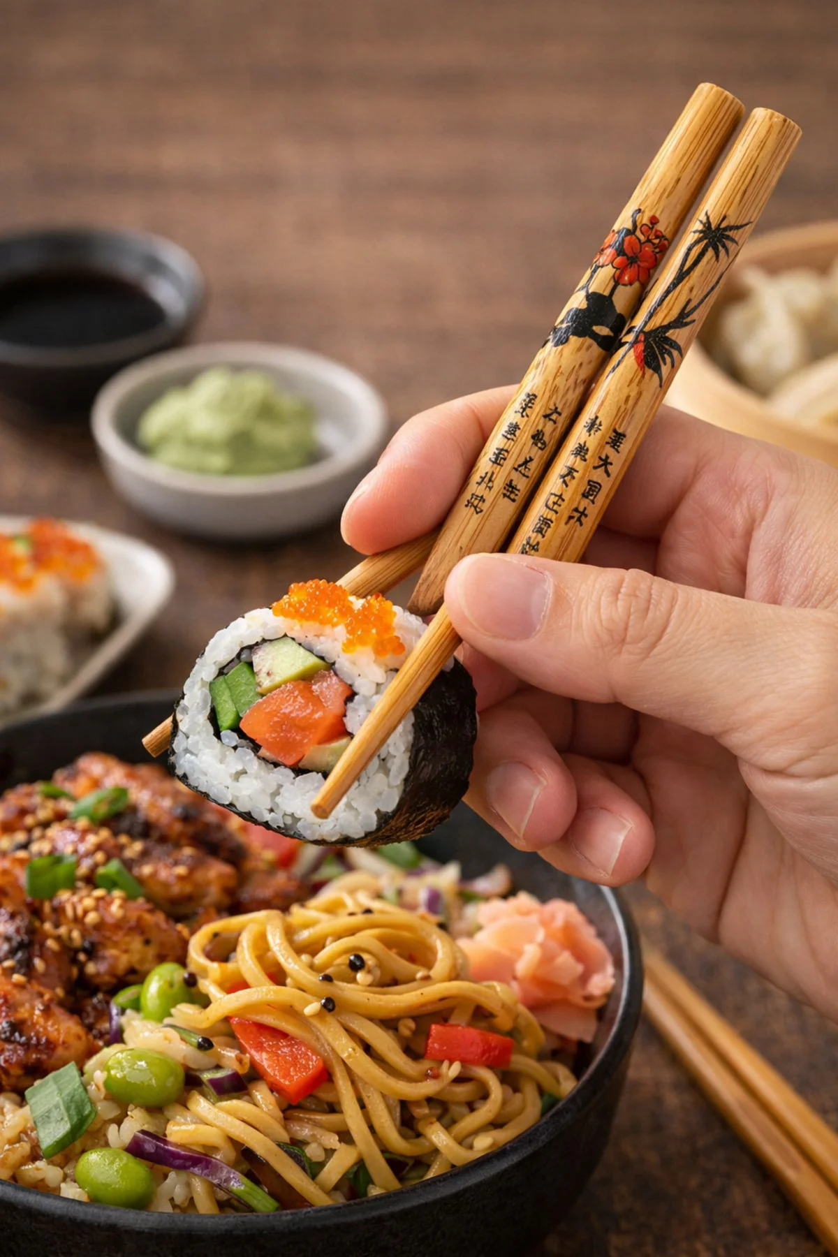 Bambu Chopstick 5 Çift Ahşap Desenli Çin Çubuğu Yıkanabilir Ve Kullanılabilir