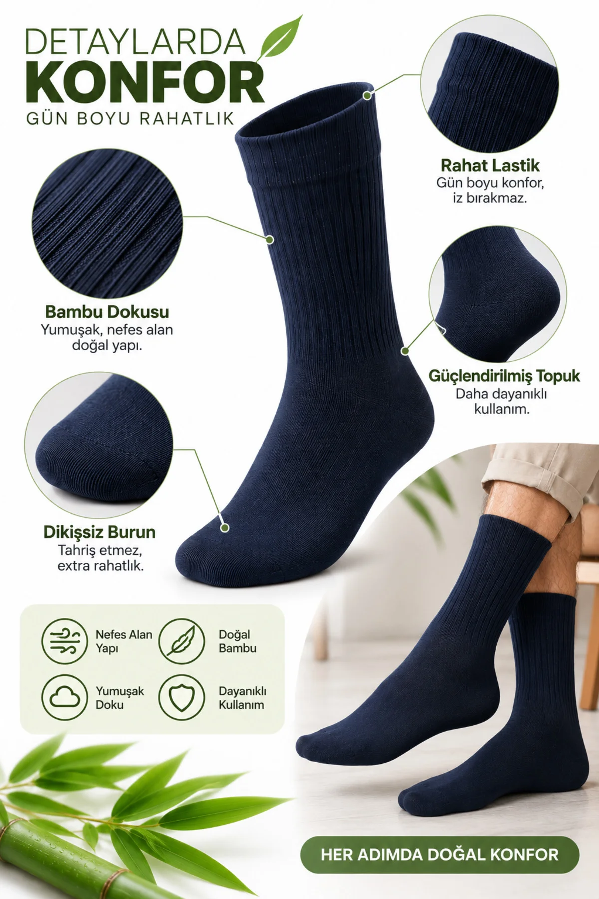 Bambu Çorabı 6’lı Asorti Paket Lastiksiz Sıkmayan Erkek Çorap 40-45
