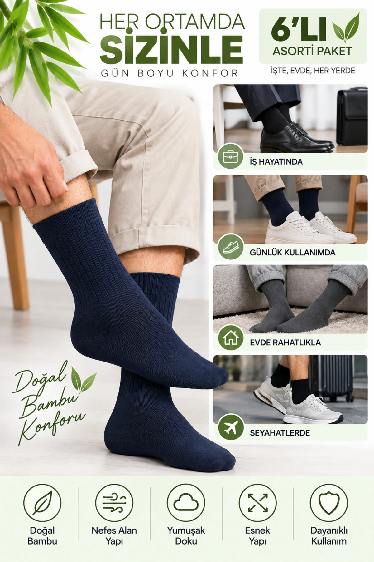 Bambu Çorabı 6’lı Asorti Paket Lastiksiz Sıkmayan Erkek Çorap 40-45