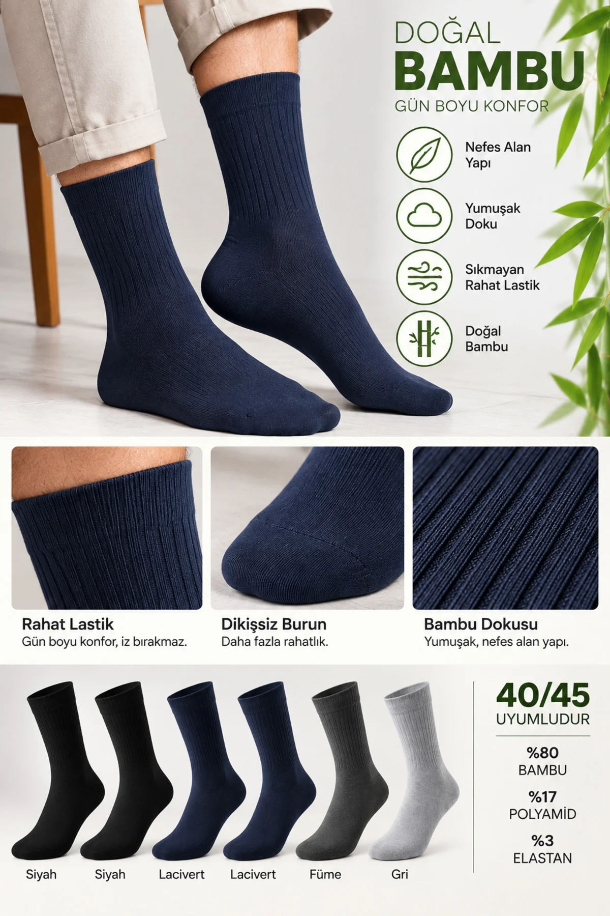 Bambu Çorabı 6’lı Asorti Paket Lastiksiz Sıkmayan Erkek Çorap 40-45