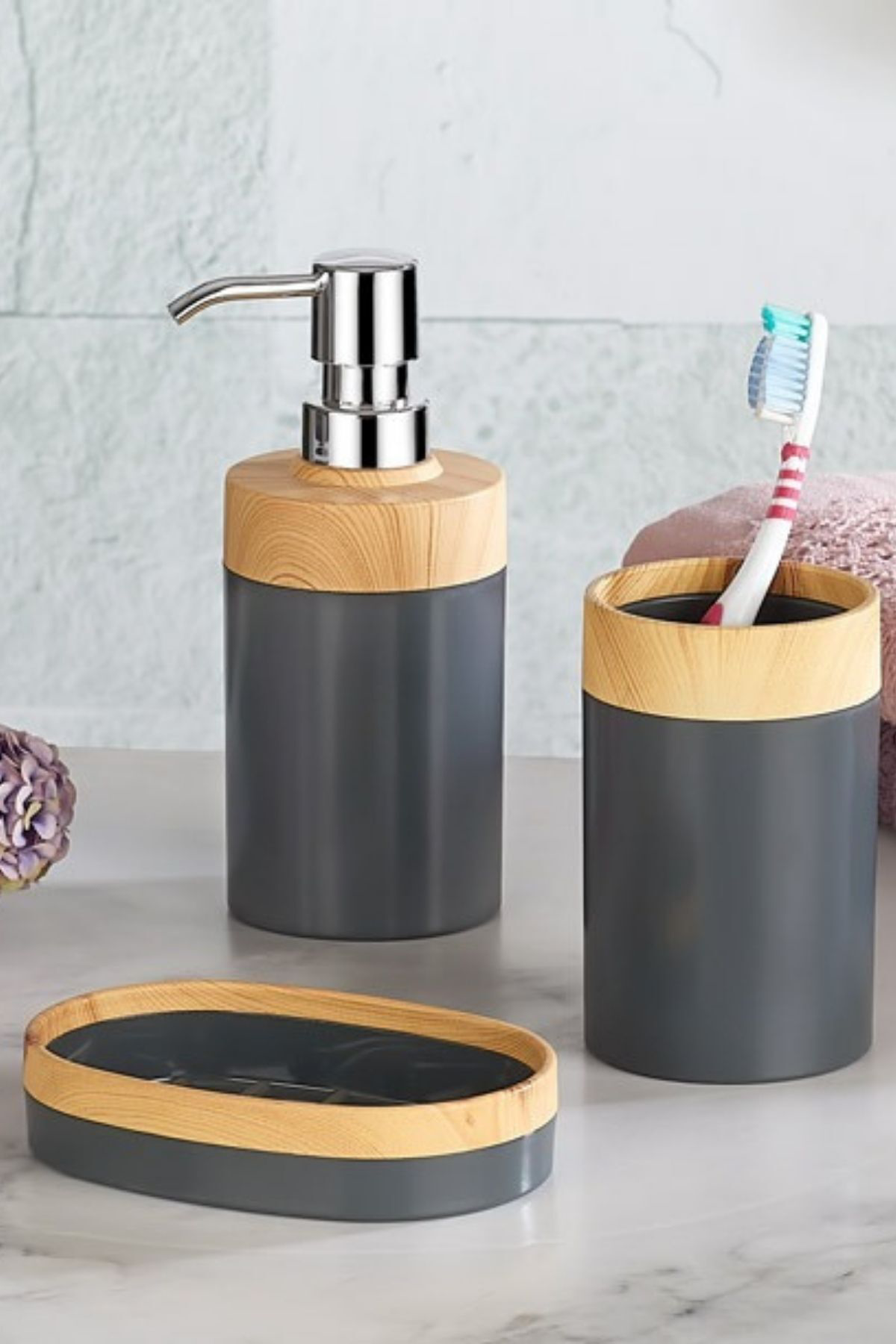 Bambu Görünümlü Plastik 3' Lü Banyo Seti Sıvı Sabunluk Diş Fırçal