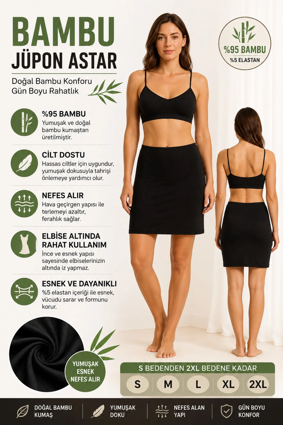 Bambu Jüpon Astar Kadın İç Etek Bambu Esnek Yumuşak Kumaş
