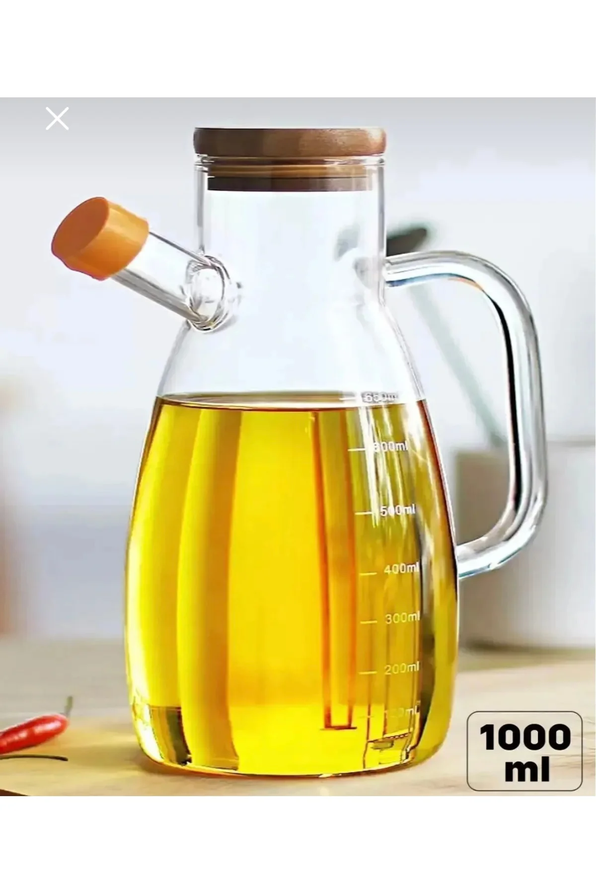 Bambu Kapaklı 1000 ml Cam Yağdanlık – Sızdırmaz Mutfak Sirkelik, 