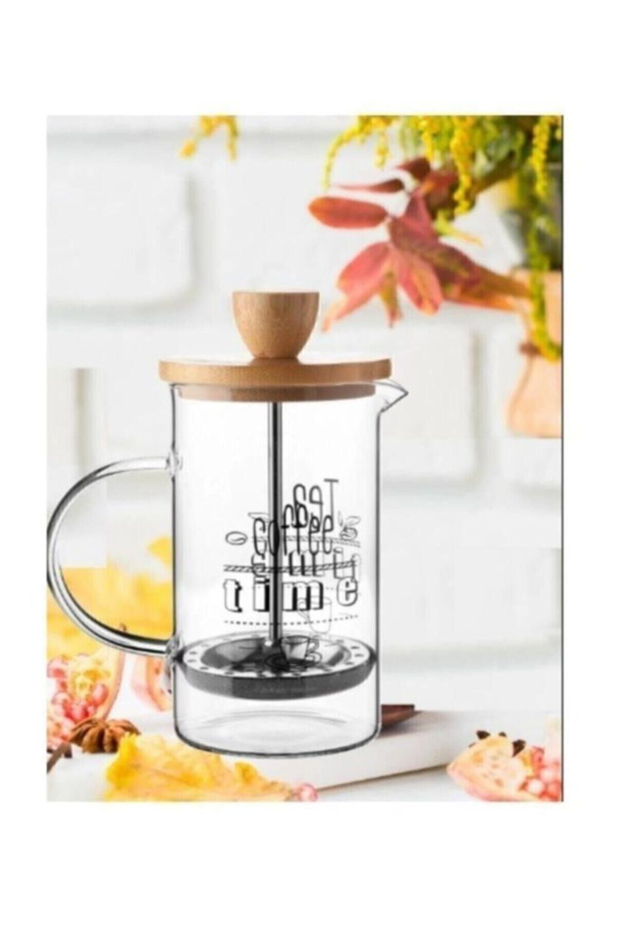 Happy Kitchen Bambu Kapaklı Borasilikat Cam 600 Ml Desenli French Press /600Ml