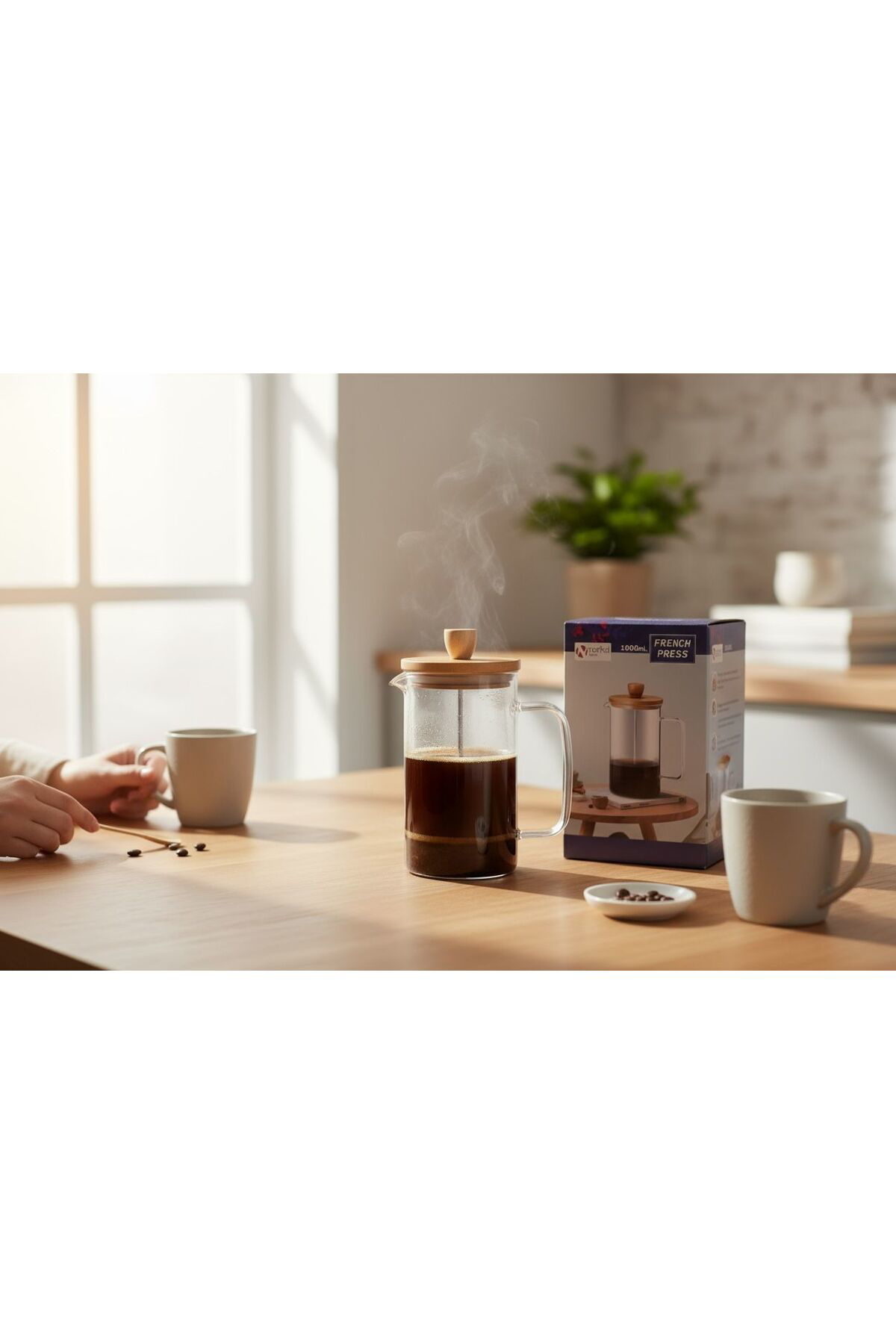 Kaveh Bambu Kapaklı French Bitki Çayı , Kahve Pressi Plastik 1000 Ml