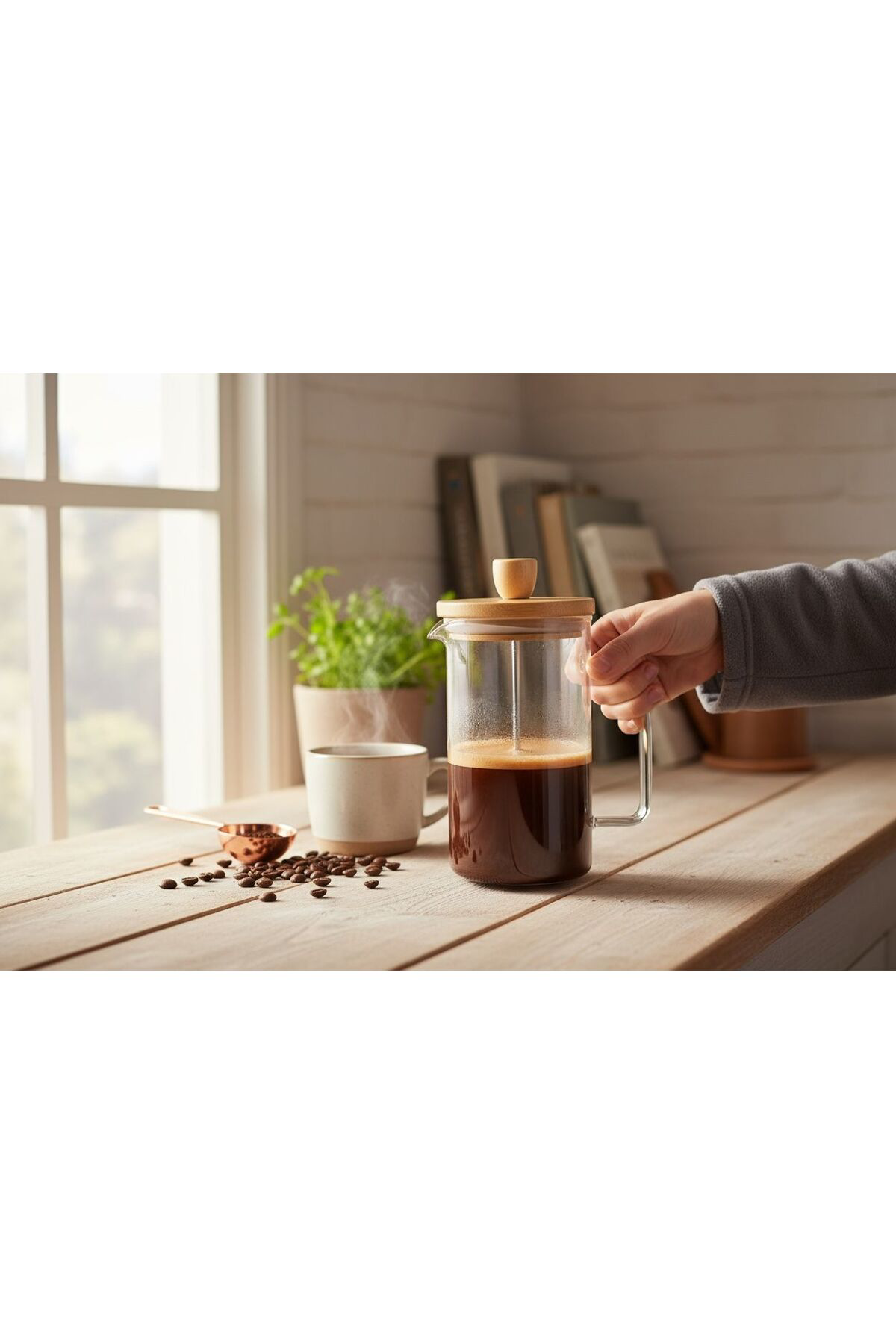 Kaveh Bambu Kapaklı French Bitki Çayı , Kahve Pressi Plastik 1000 Ml