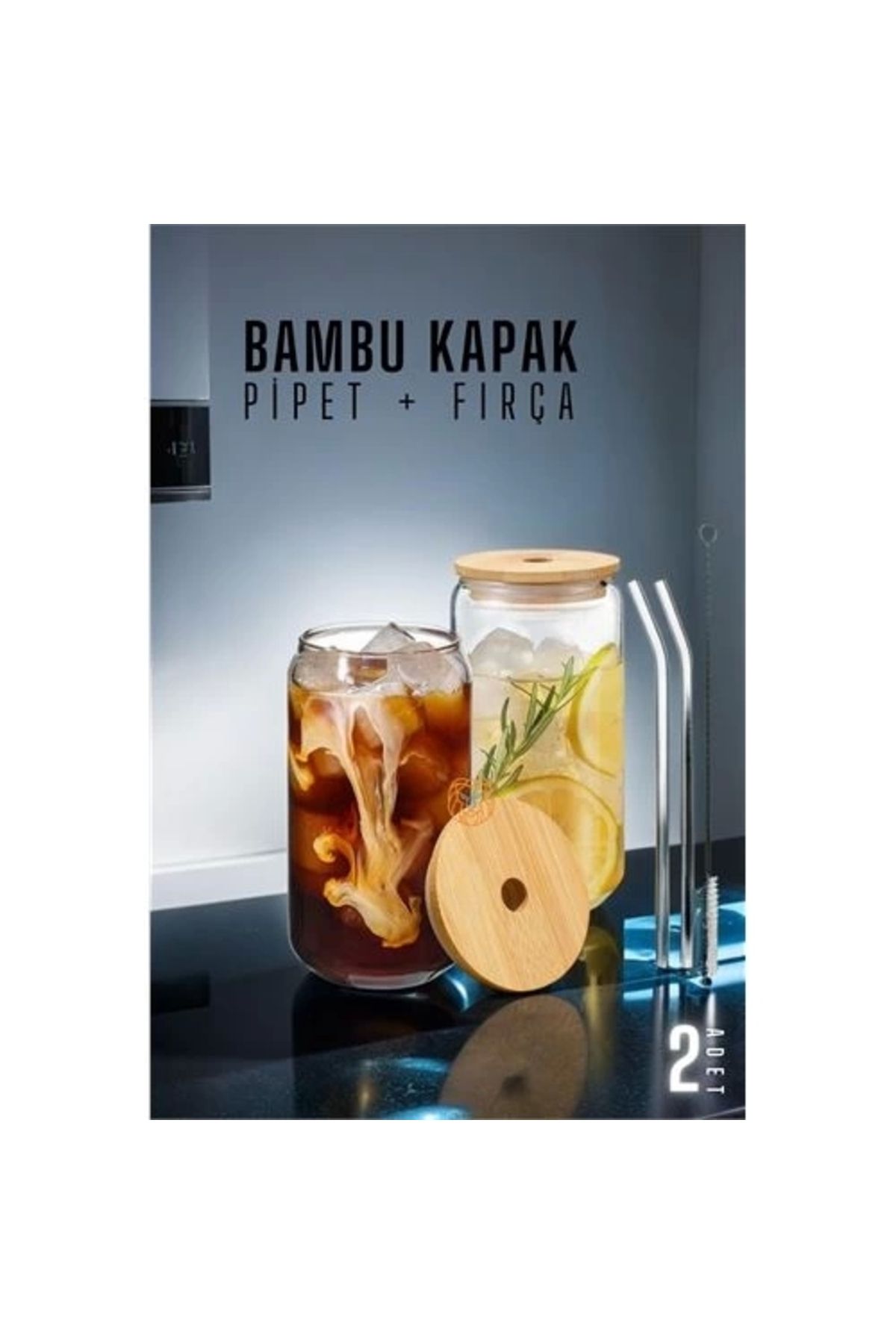 Bambu Kapaklı Kavanoz Bardak 2 Adet