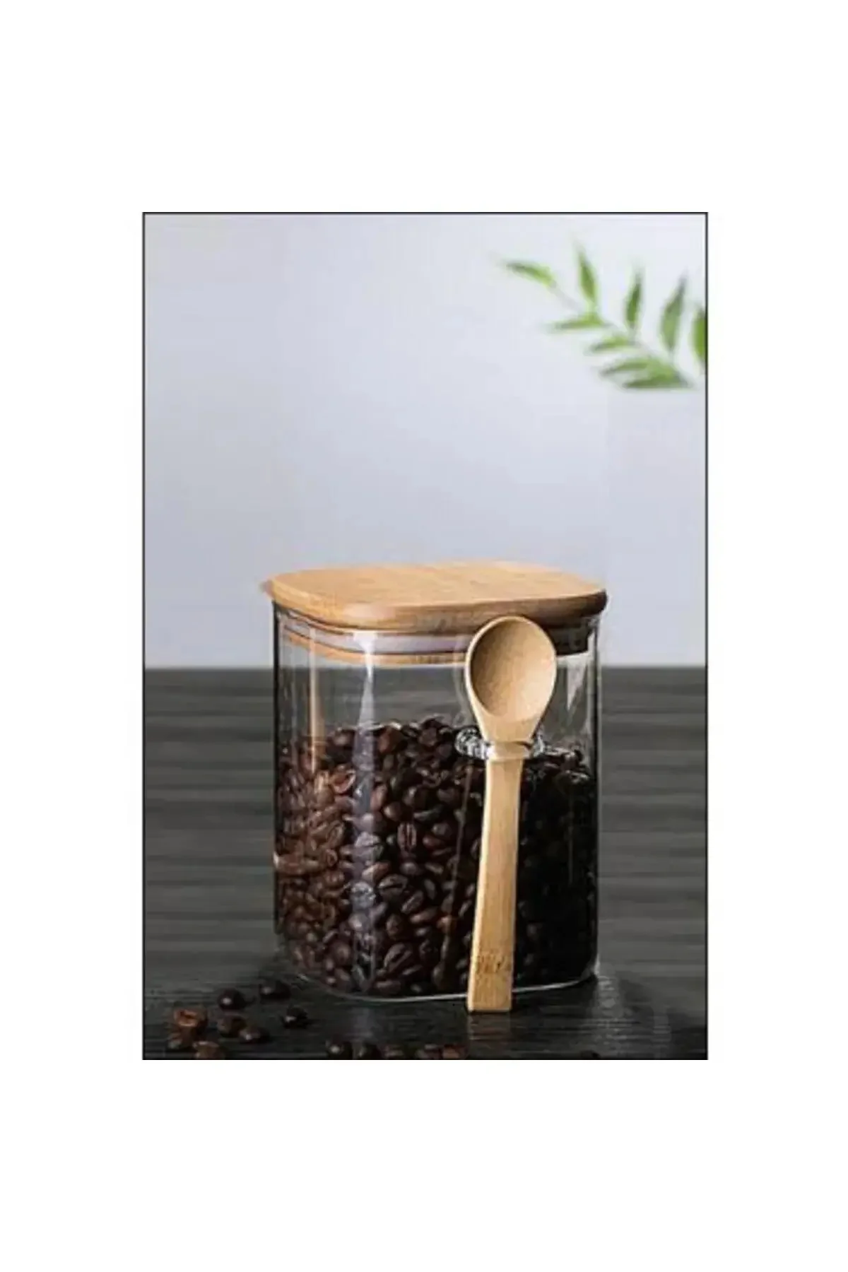 Bambu Kapaklı Kaşıklı Kare Kavanoz