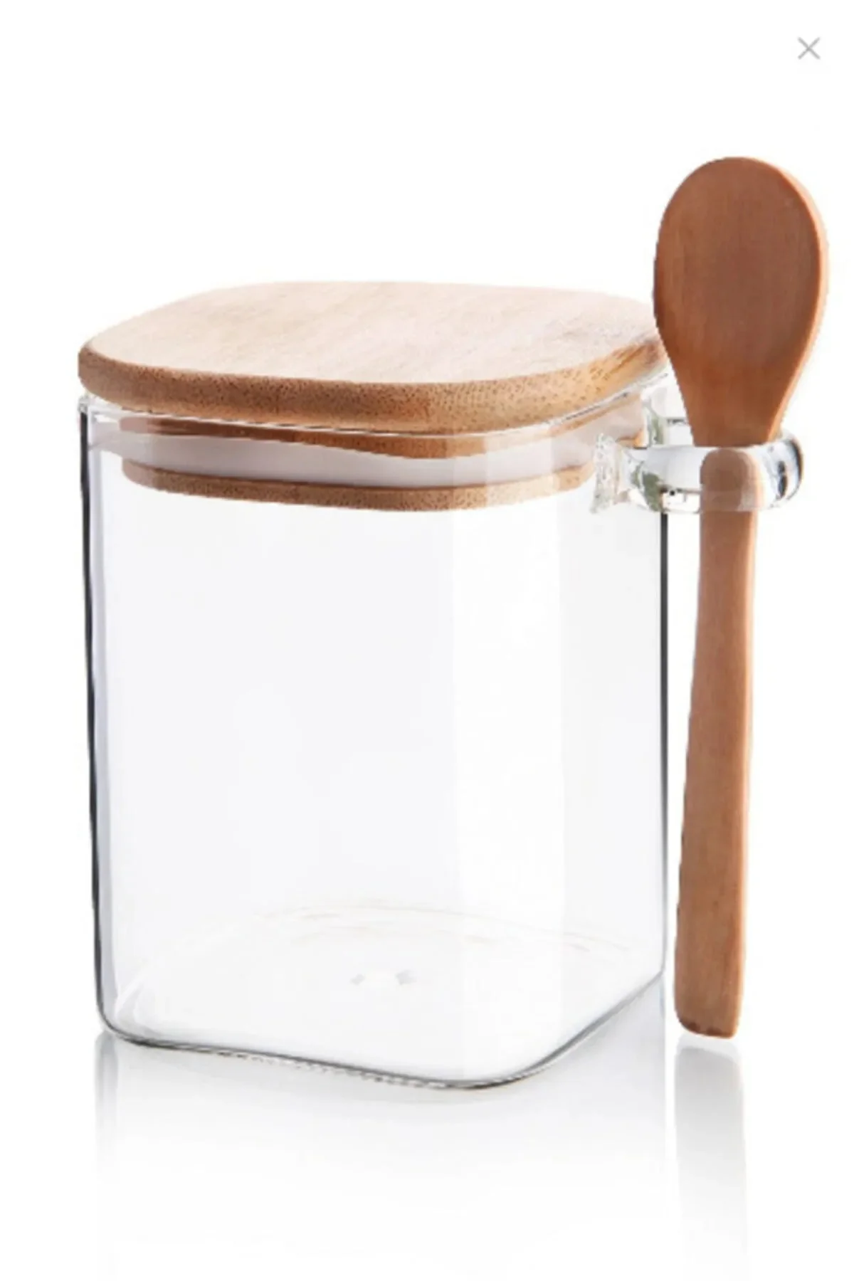 Bambu Kapaklı Kaşıklı Kavanoz Kare 600 ml