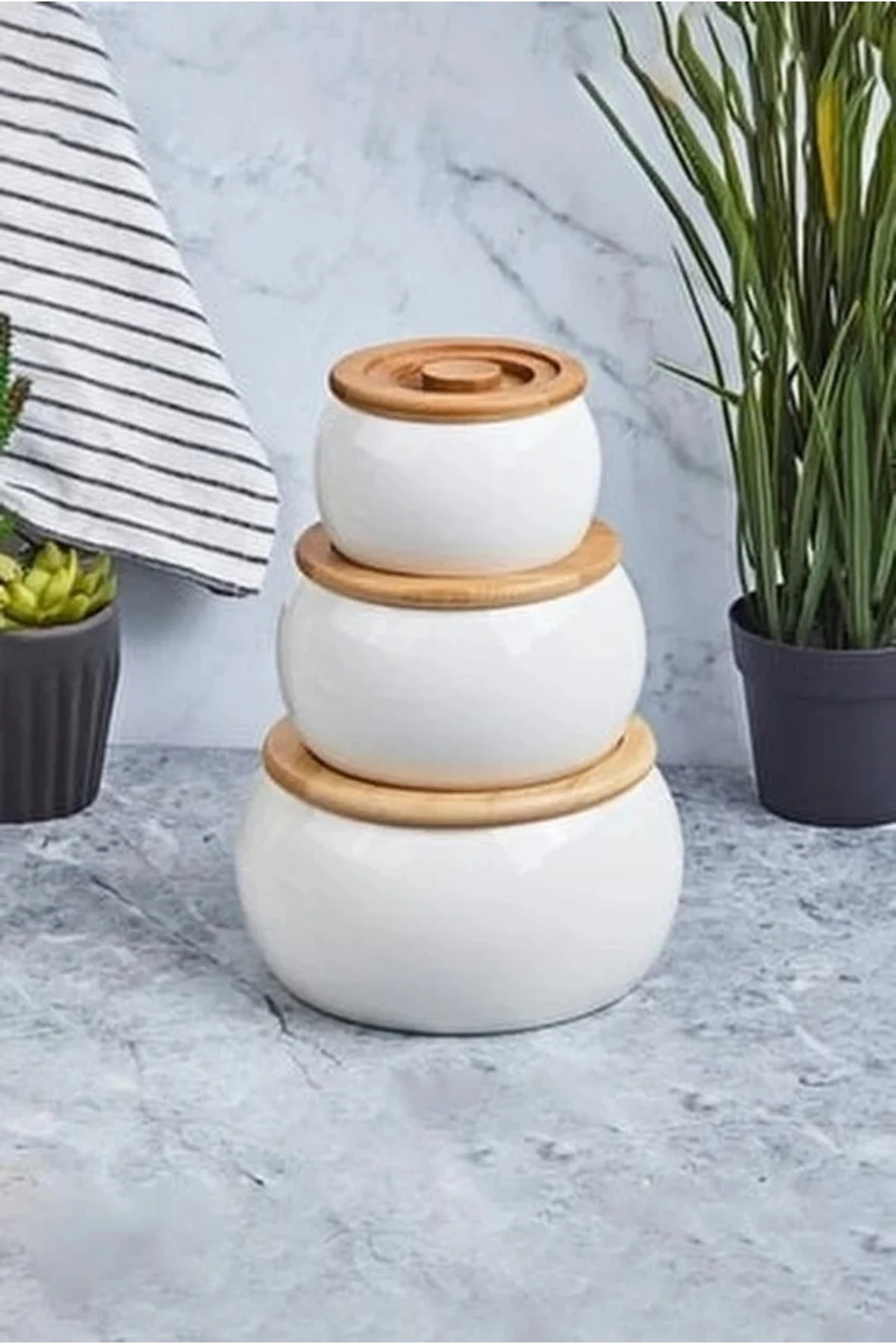 Bambu Kapaklı Porselen Saklama Kabı